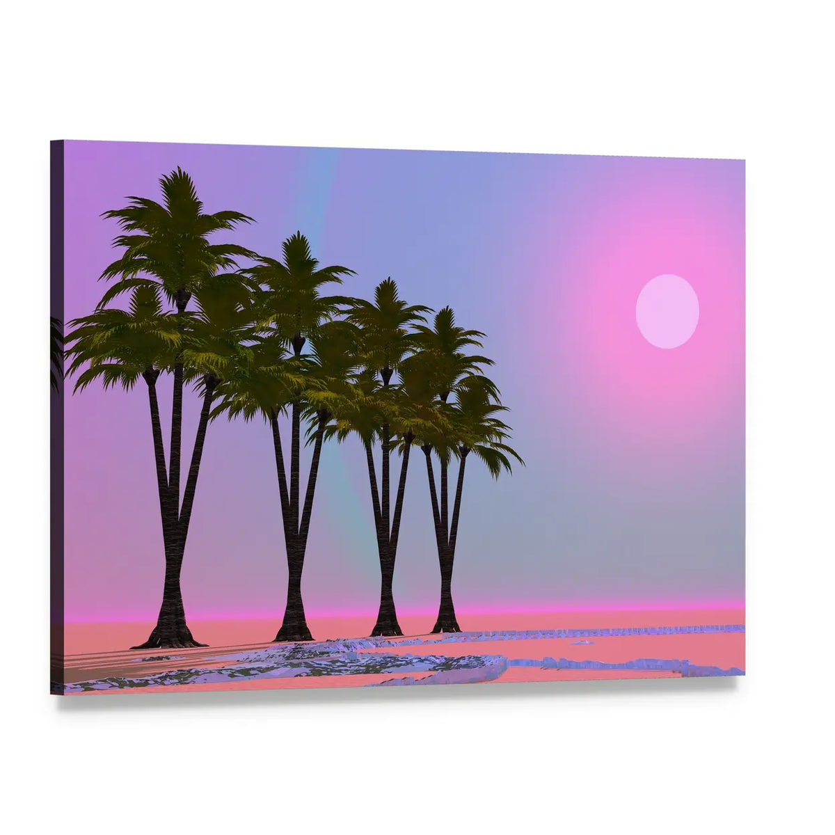 Four Palm Trees at Dusk Canvas Wall Art, single panel gallery wrapped canvas, angled product view