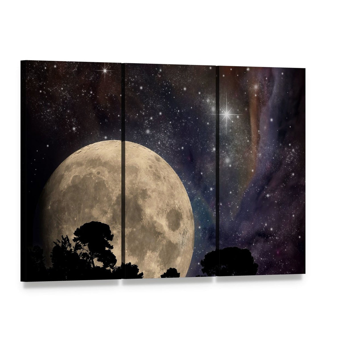 Night Sky with Moon Canvas Wall Art, 3 panel 3 Horizontal layout gallery wrapped canvas set, angled product view