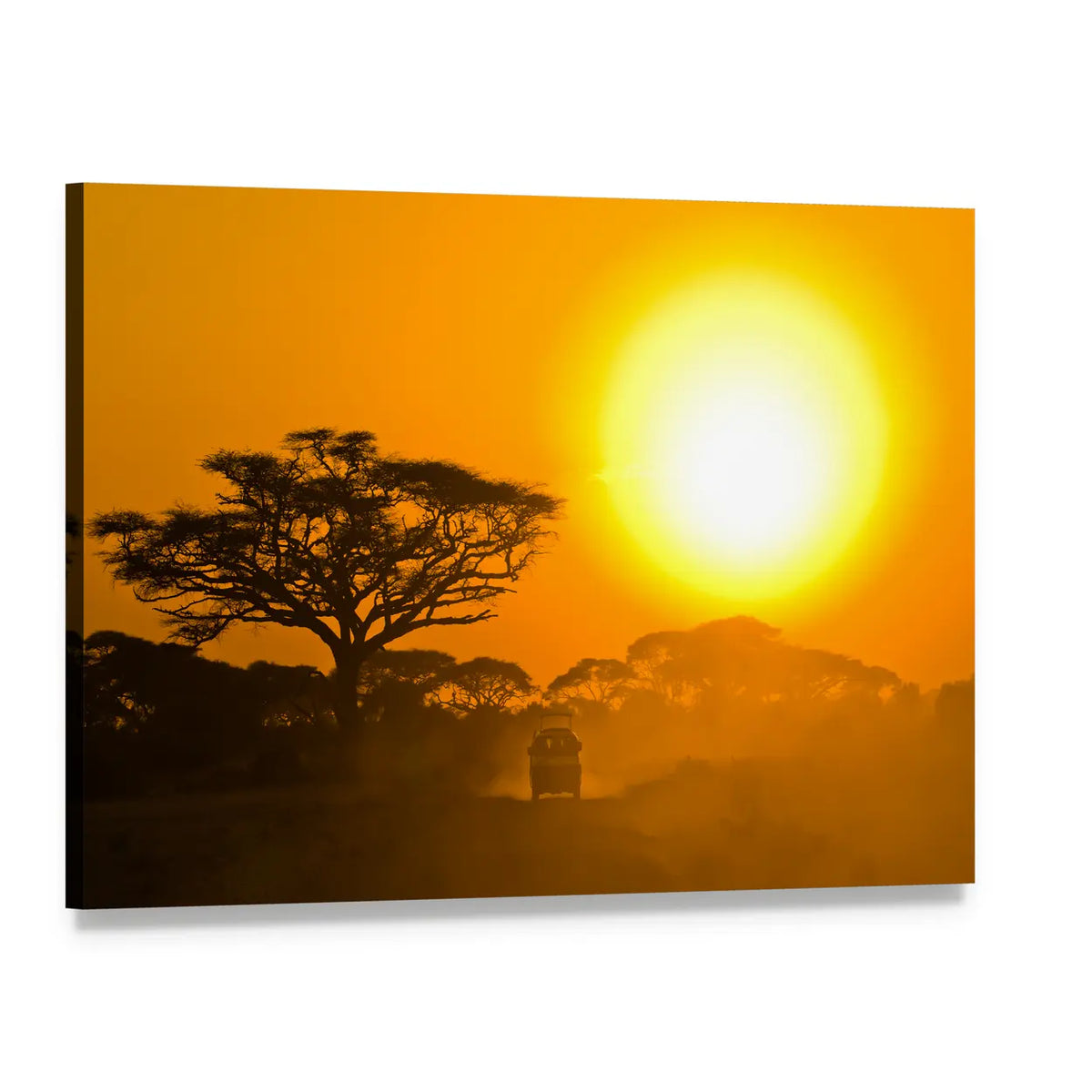 Safari Jeep Driving Through Savannah In The Sunset Africa Canvas Wall Art, single panel gallery wrapped canvas, angled product view