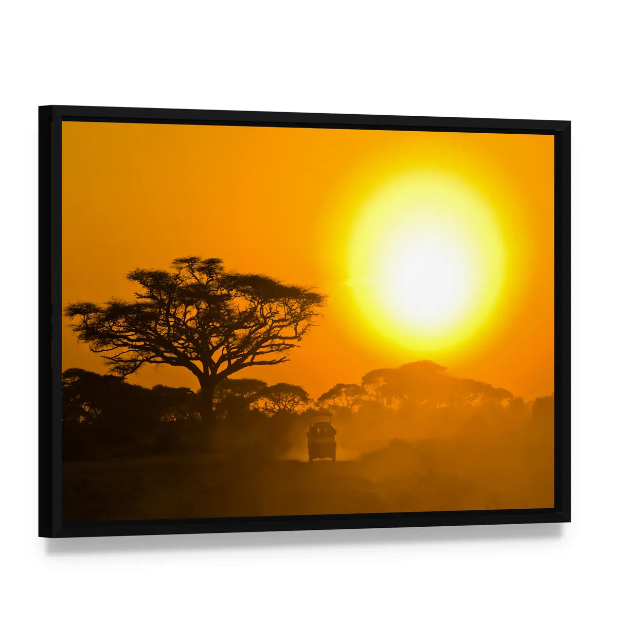 Safari Jeep Driving Through Savannah In The Sunset Africa Canvas Wall Art, framed canvas in a black floater frame, angled product view