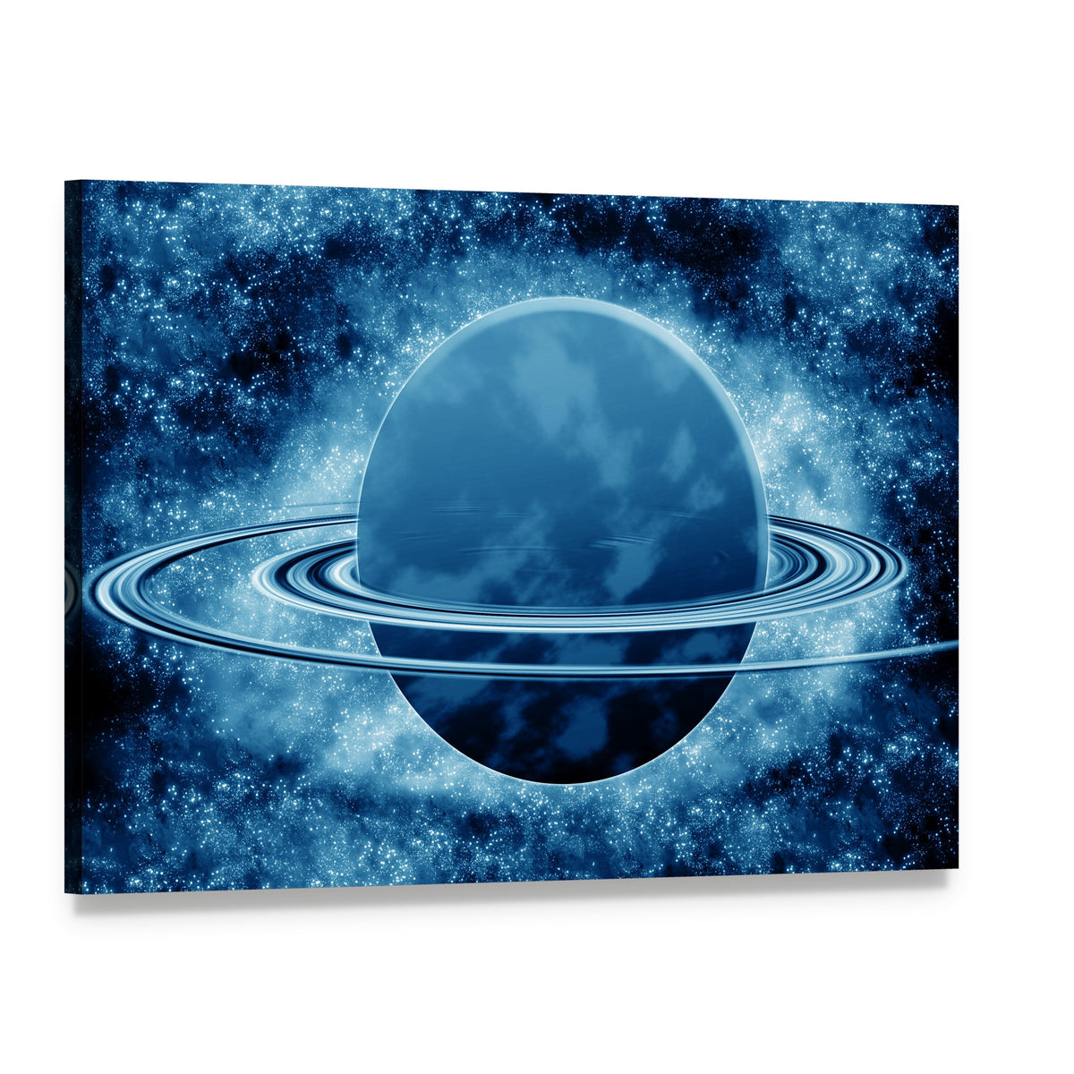 Glowing Blue Planet with Thin Rings Canvas Wall Art, single panel gallery wrapped canvas, angled product view