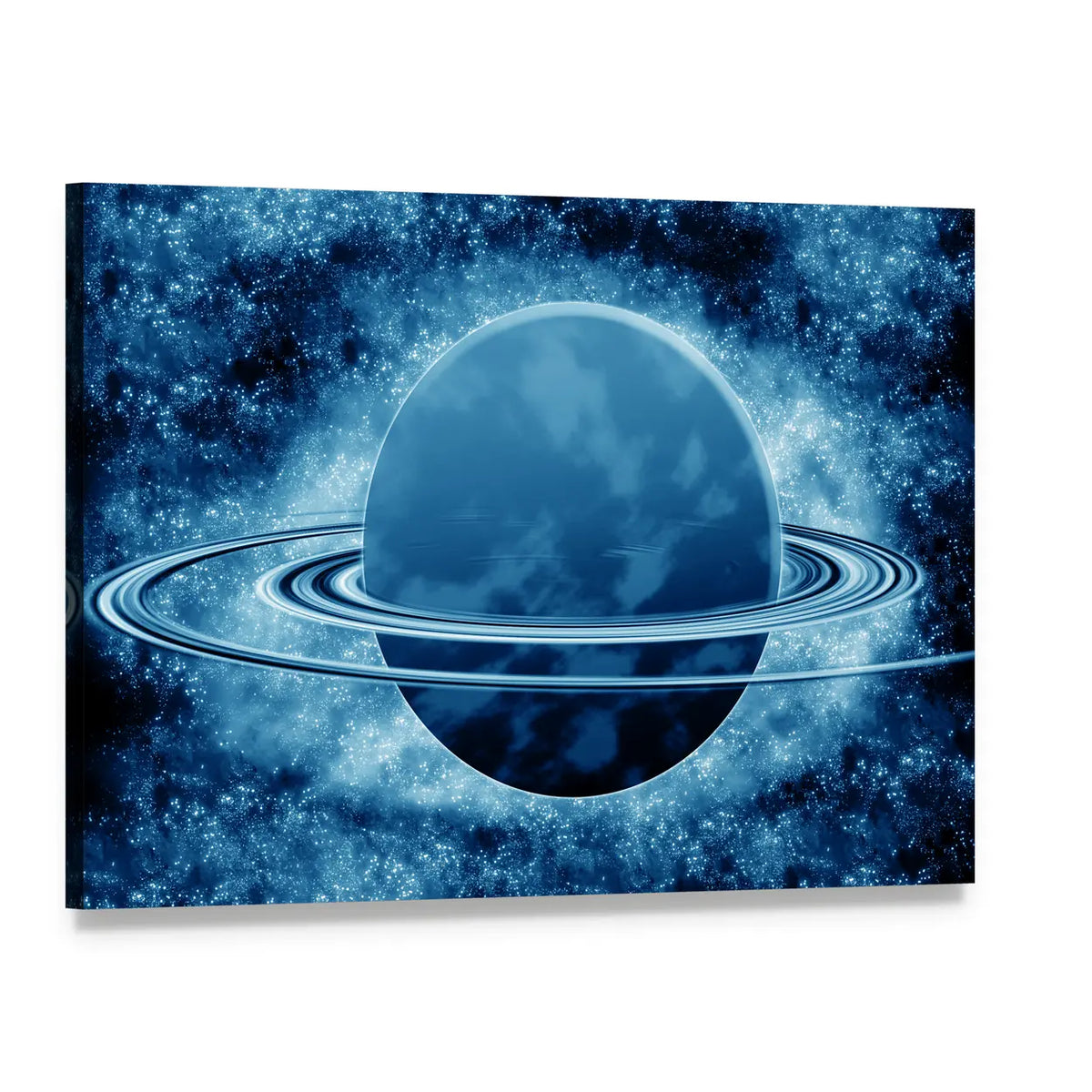 Blue Ringed Planet in Deep Space Canvas Wall Art, single panel gallery wrapped canvas, angled product view
