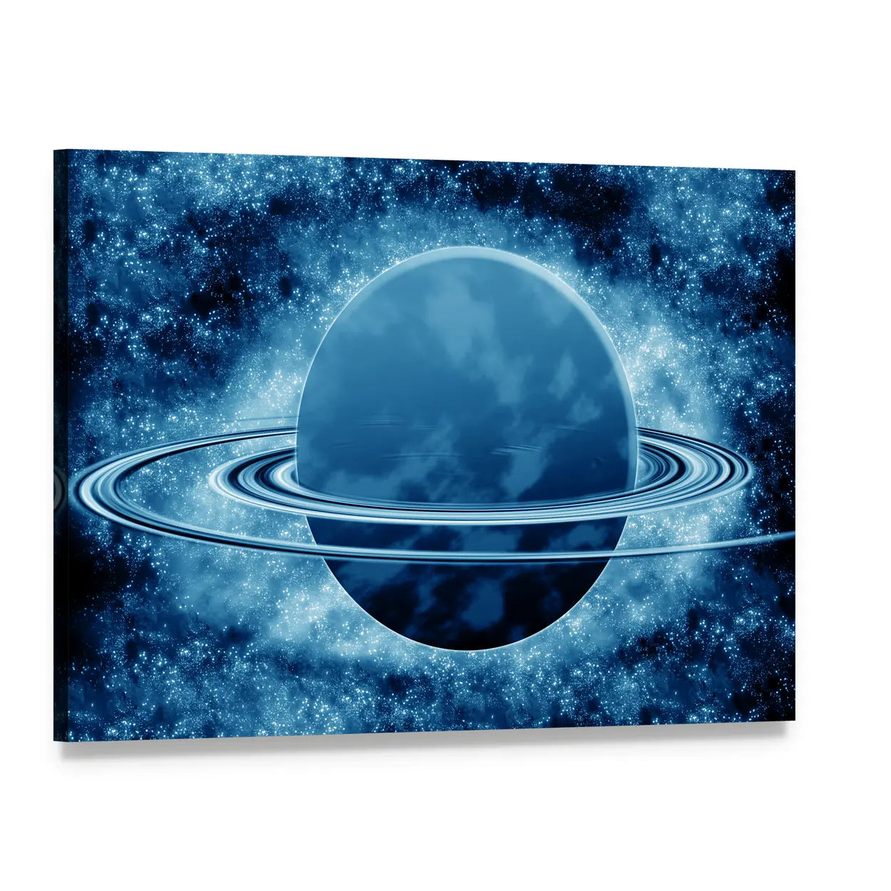 Blue Ringed Planet in Deep Space Canvas Wall Art, single panel gallery wrapped canvas, angled product view