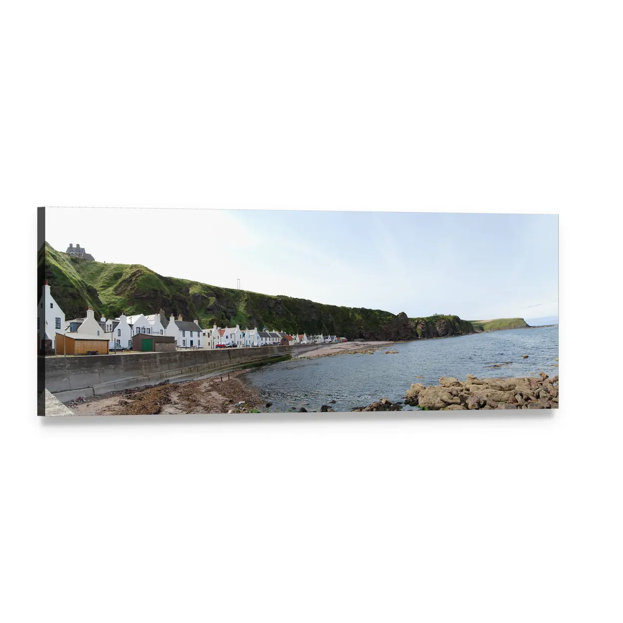 Scottish Coastal Village with White Cottages Panoramic Canvas Wall Art, single panel gallery wrapped canvas, angled product view