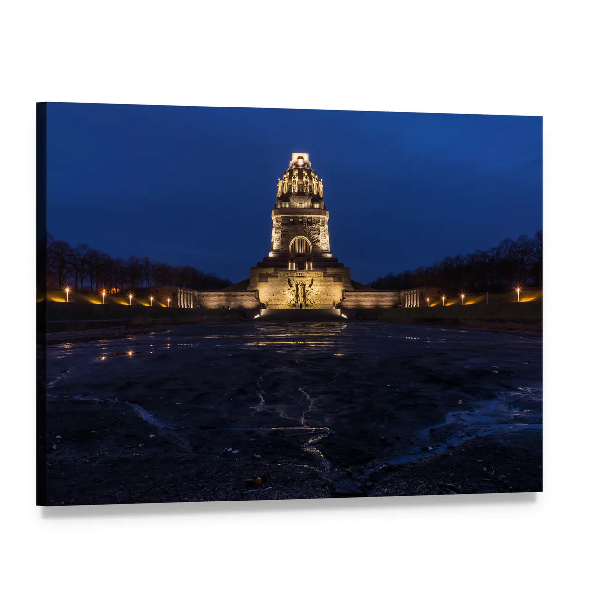 Illuminated Battle Tower at Twilight Canvas Wall Art, single panel gallery wrapped canvas, angled product view