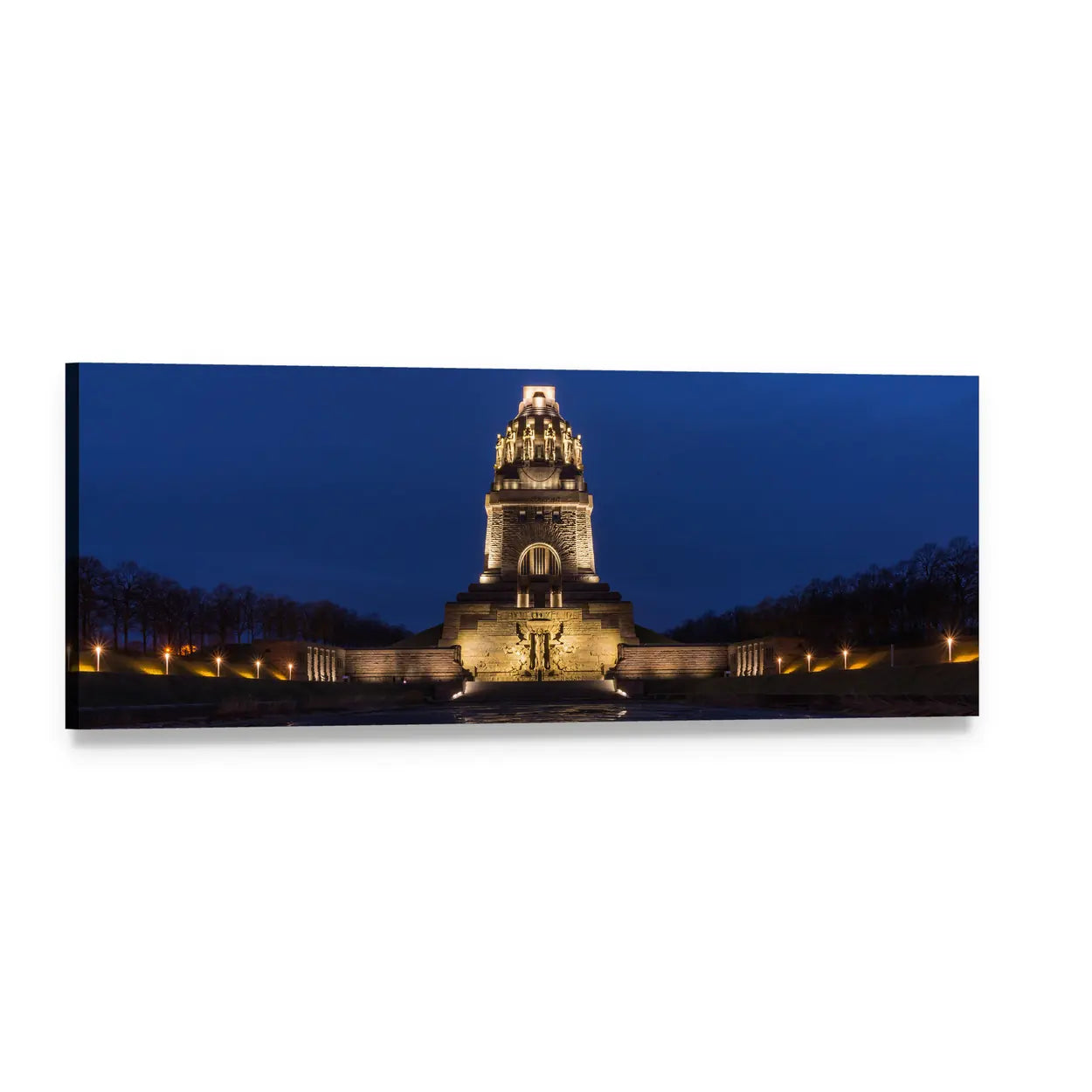Battle of the Nations Monument at Night Panoramic Canvas Wall Art, single panel gallery wrapped canvas, angled product view