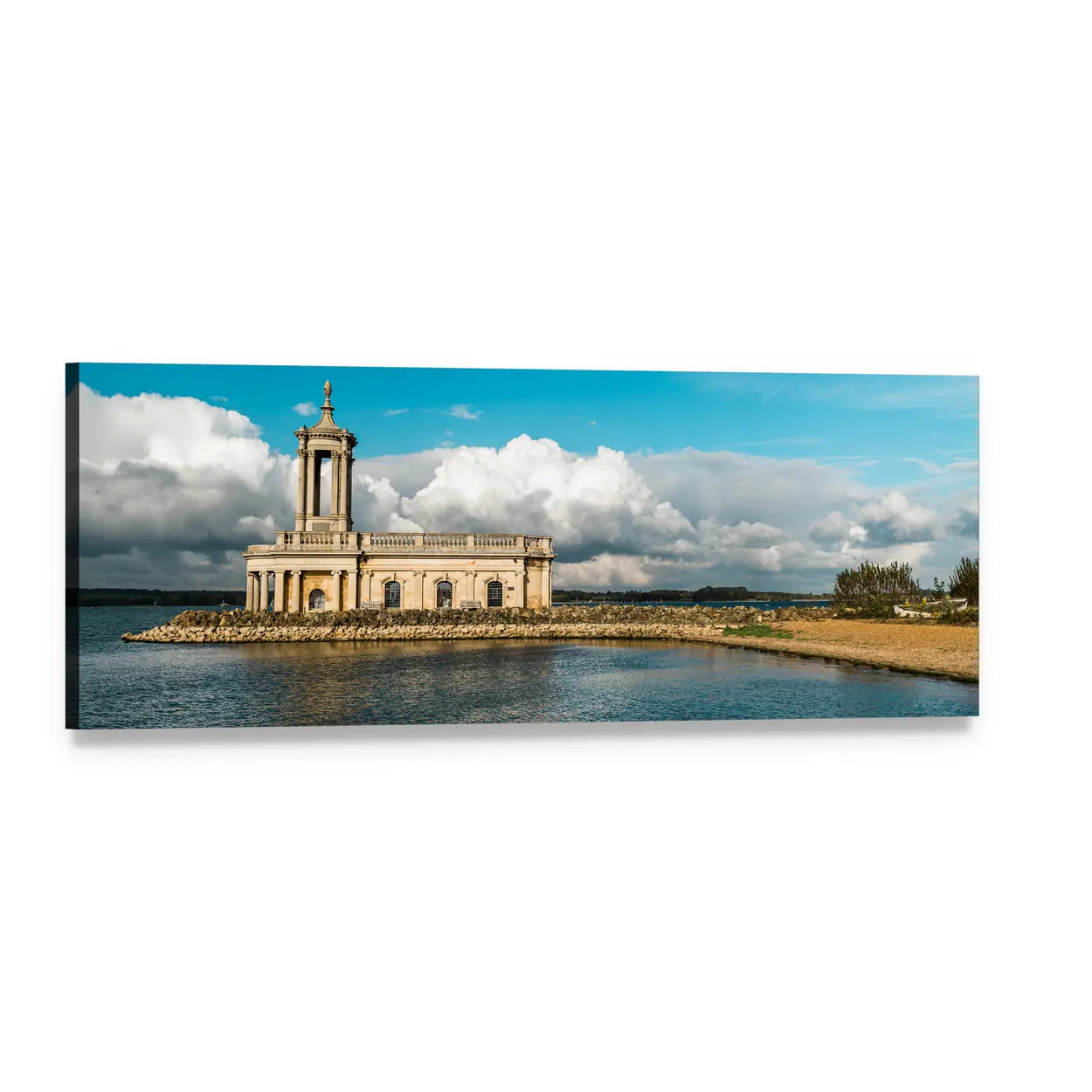 Normanton Church by the Water Panoramic Canvas Wall Art, single panel gallery wrapped canvas, angled product view