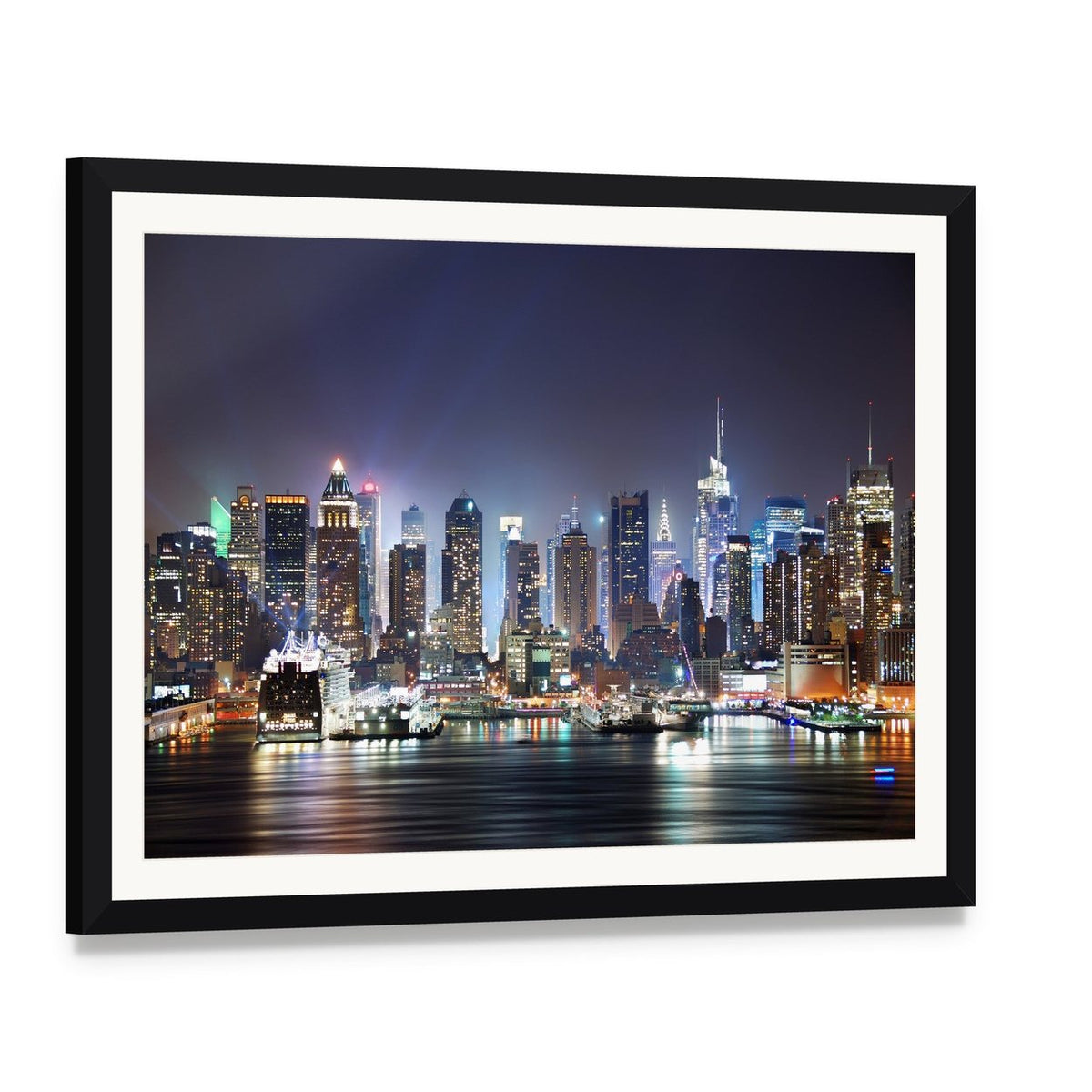 New York at Night Canvas Wall Art, framed print with white mat and black frame, angled product view