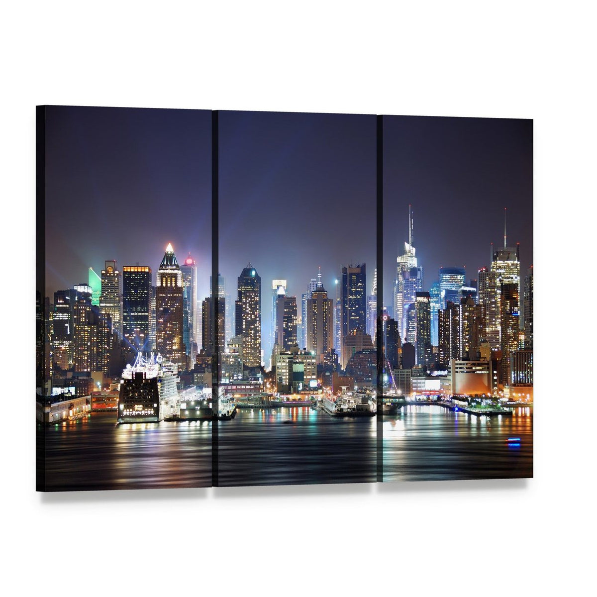 New York at Night Canvas Wall Art, 3 panel 3 Horizontal layout gallery wrapped canvas set, angled product view