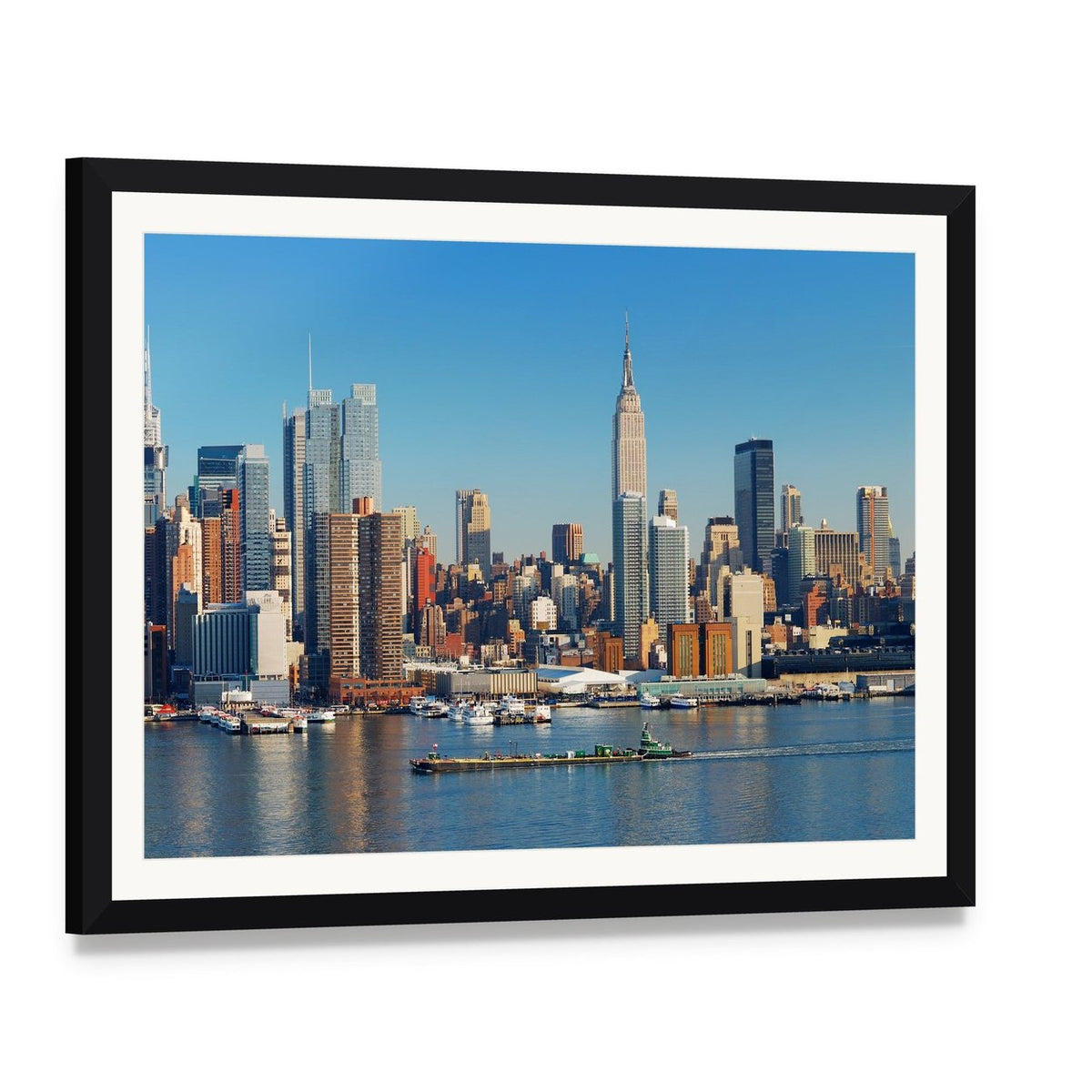 Empire State Building and Hudson River Canvas Wall Art, framed print with white mat and black frame, angled product view