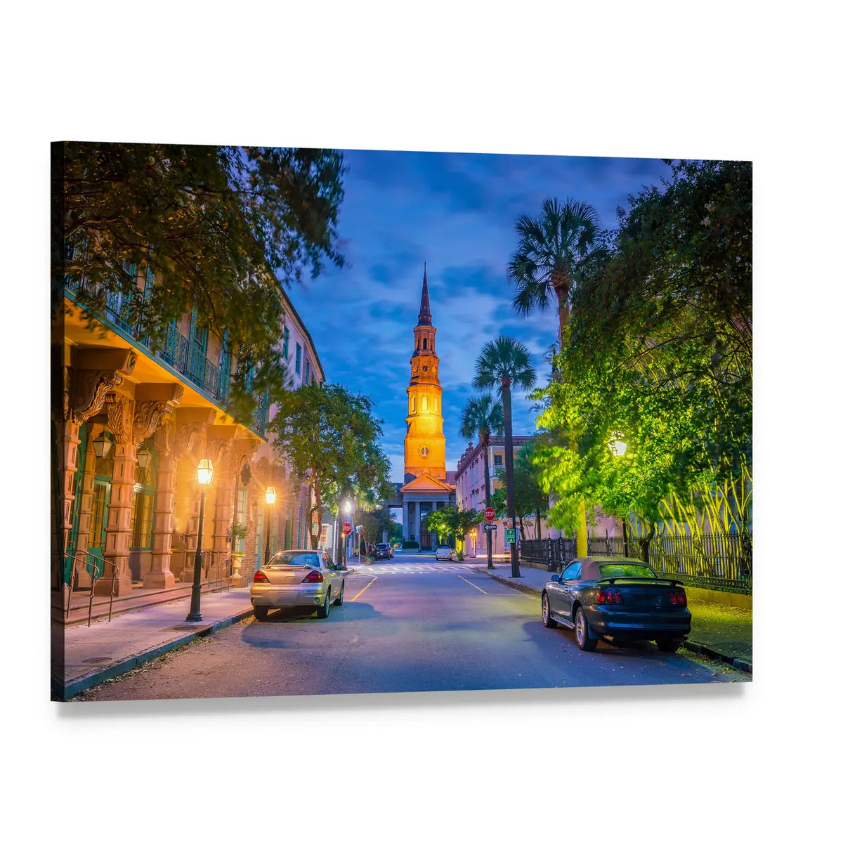 Charleston Downtown Street Scene at Dusk Canvas Wall Art, single panel gallery wrapped canvas, angled product view