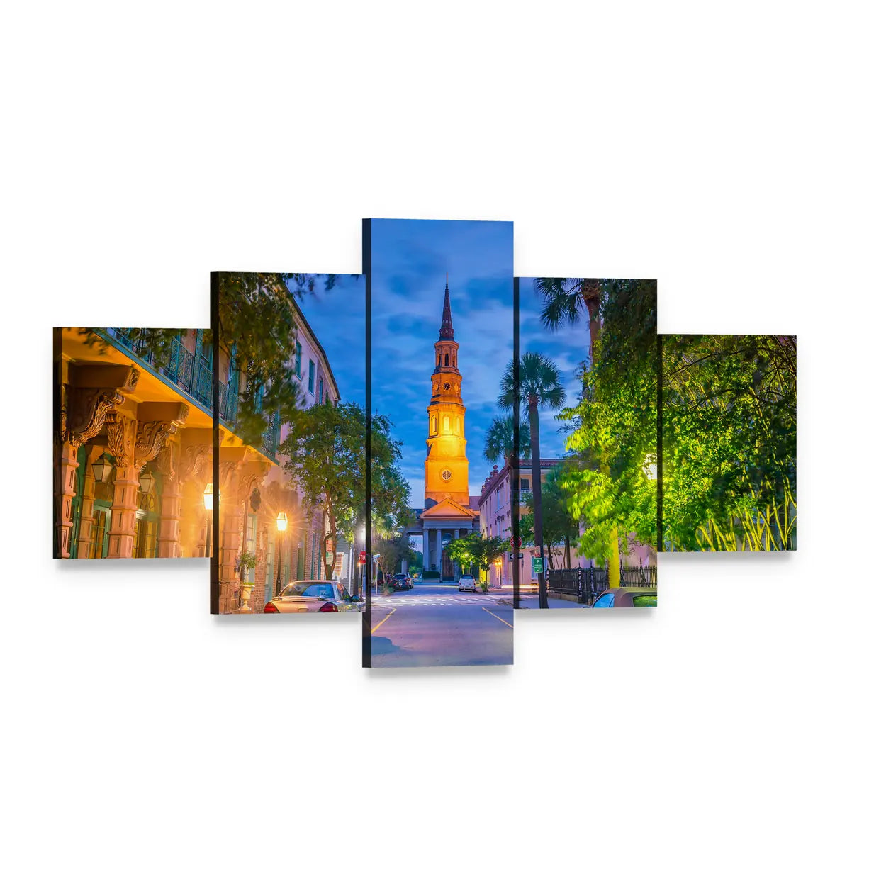 Charleston Downtown Street Scene at Dusk Canvas Wall Art, 5 panel 5 Star layout gallery wrapped canvas set, angled product view