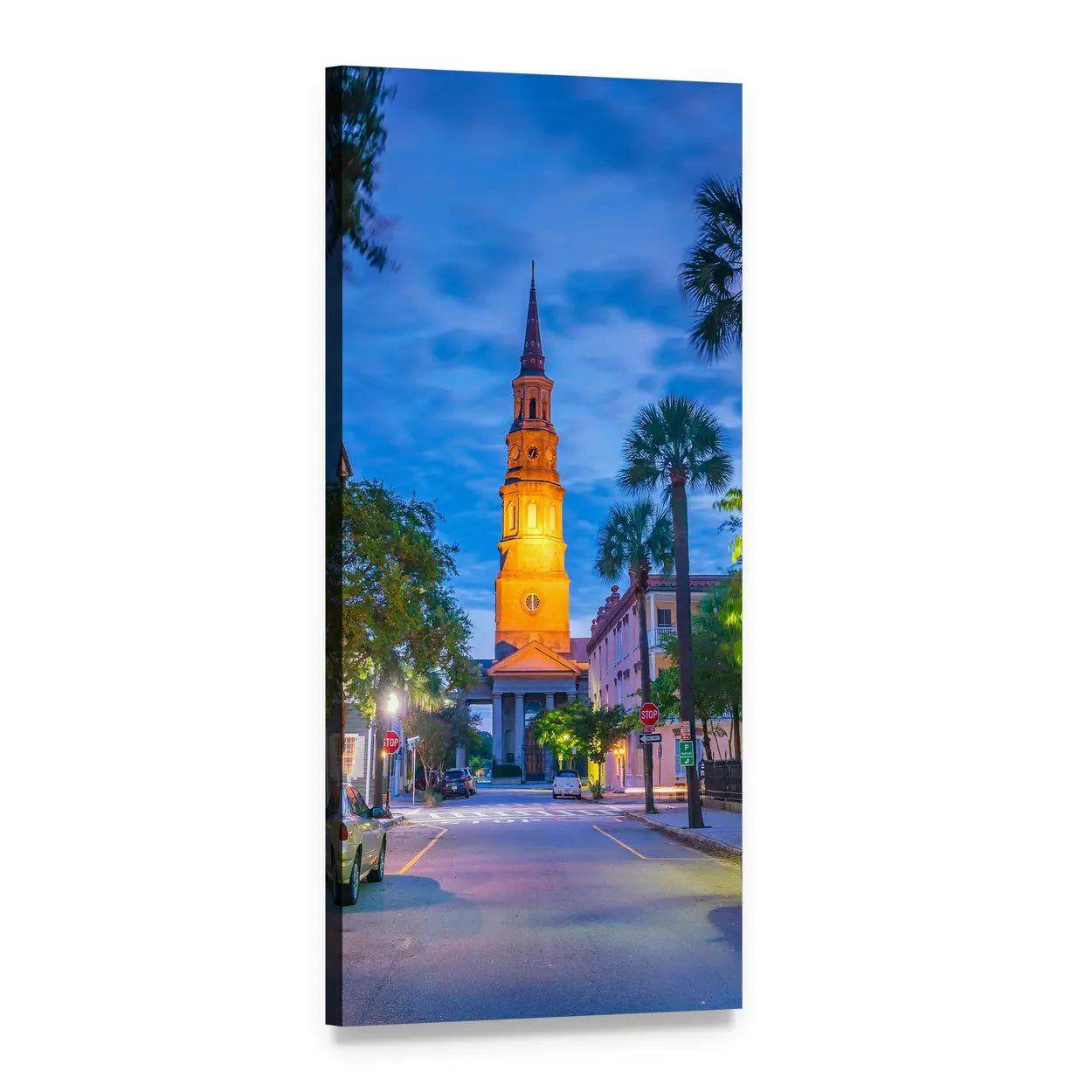 Charleston Downtown Twilight Street View Vertical Canvas Wall Art, 1 panel 1 Vertical layout gallery wrapped canvas set, angled product view