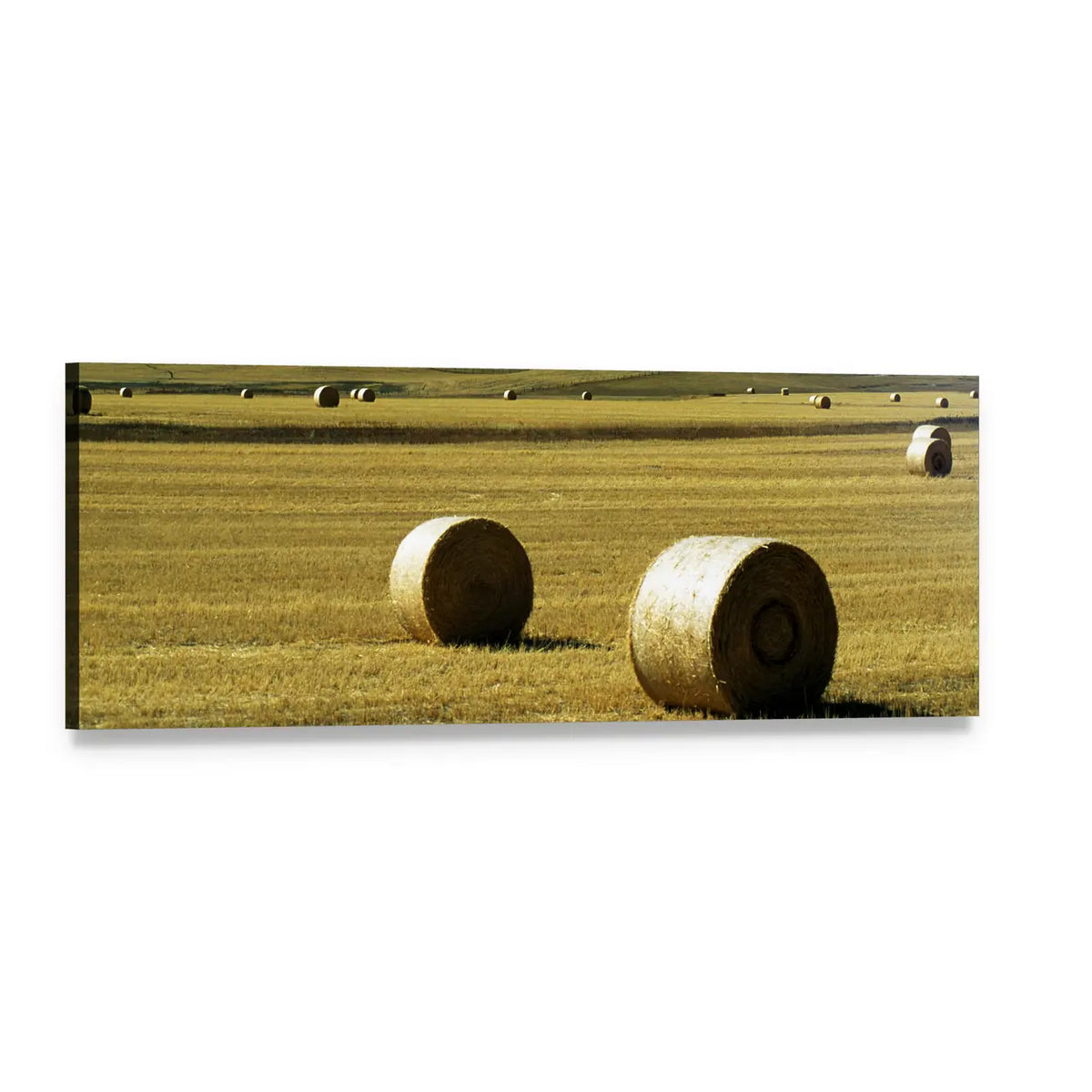 Golden Hay Bales on Harvested Field Panoramic Canvas Wall Art, single panel gallery wrapped canvas, angled product view