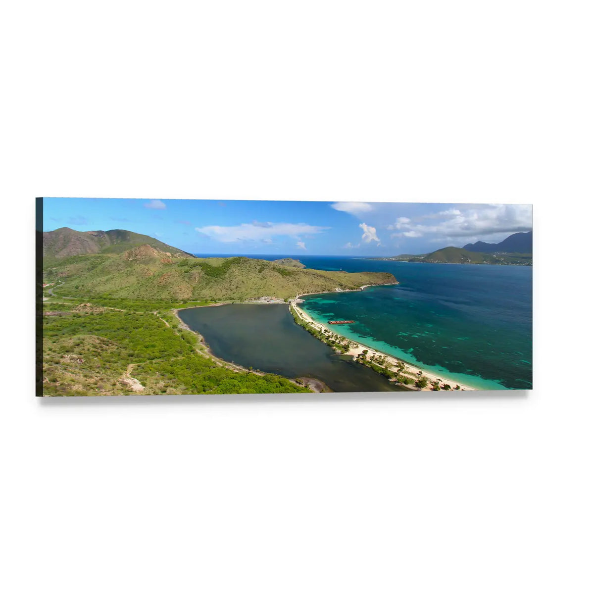 Aerial Sandbar Between Lagoon and Ocean Panoramic Canvas Wall Art, single panel gallery wrapped canvas, angled product view