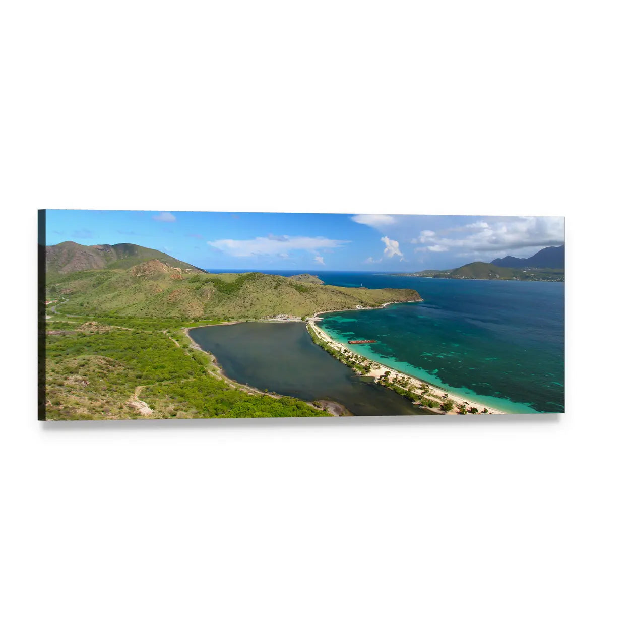 Aerial Sandbar Between Lagoon and Ocean Panoramic Canvas Wall Art, single panel gallery wrapped canvas, angled product view