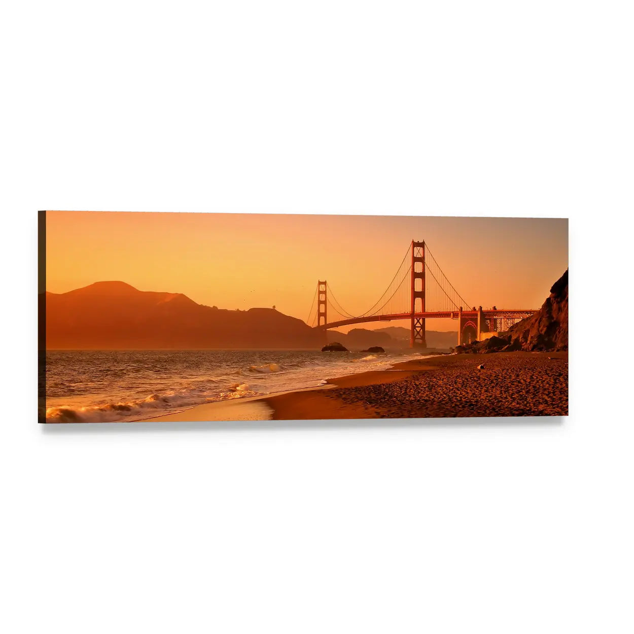 Golden Gate Bridge at Golden Hour Panoramic Canvas Wall Art, single panel gallery wrapped canvas, angled product view