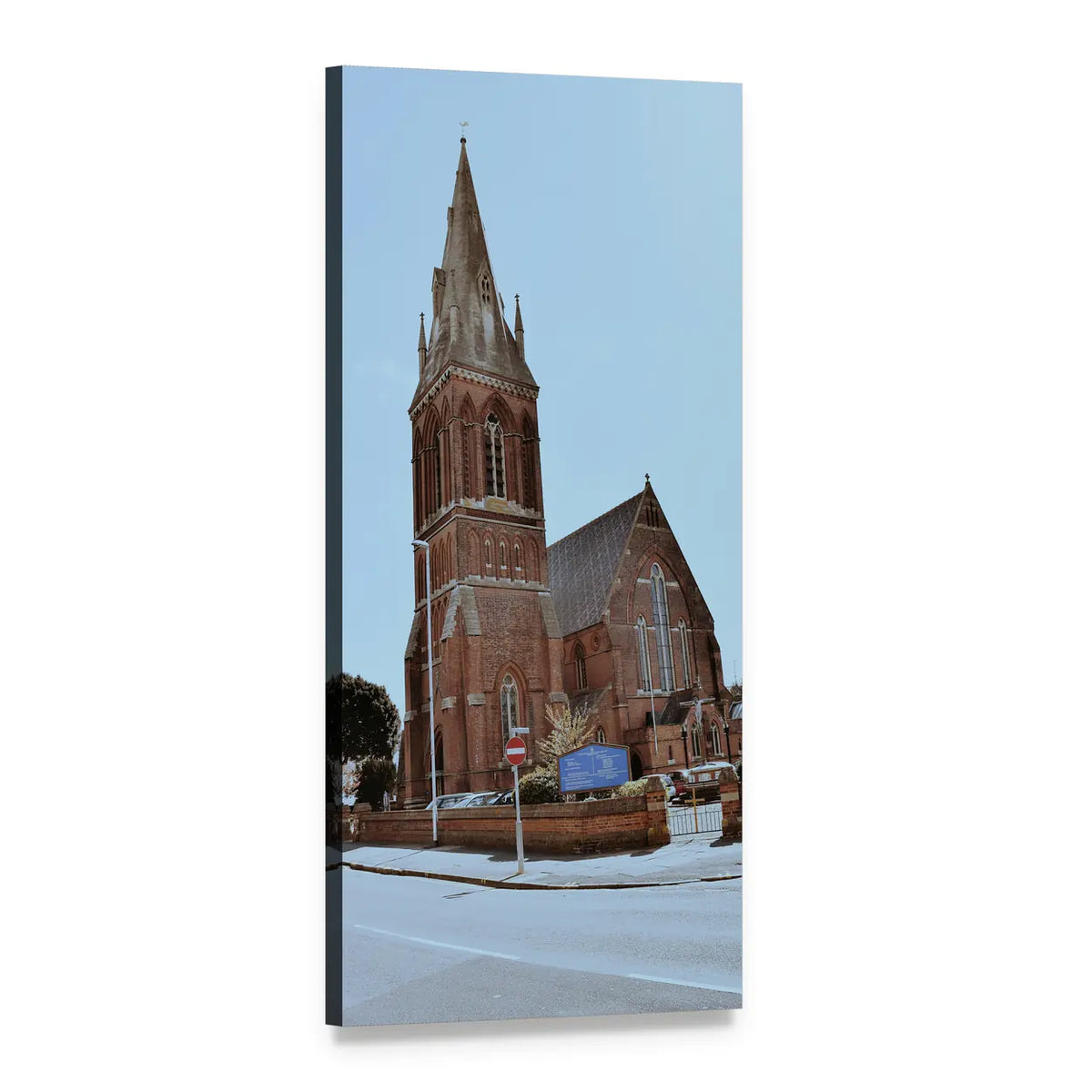 Red Brick Church with Ornate Steeple Vertical Canvas Wall Art, 1 panel 1 Vertical layout gallery wrapped canvas set, angled product view