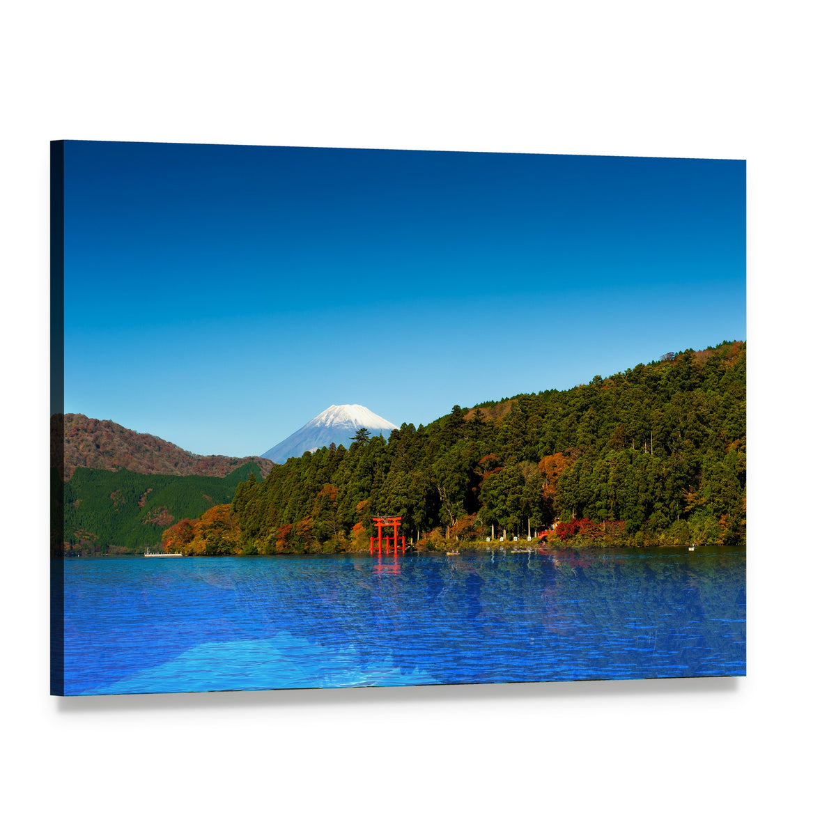 Red Torii Gate on Lake Ashi Canvas Wall Art, single panel gallery wrapped canvas, angled product view