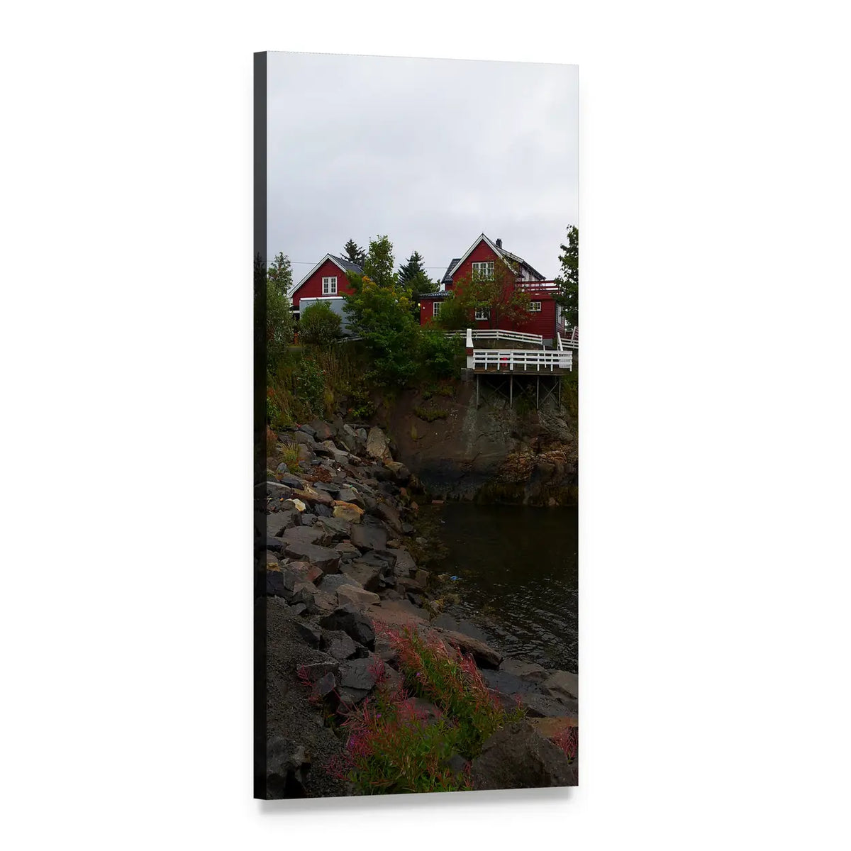 Bay Stones Beach with Red Cliff Houses Vertical Canvas Wall Art, 1 panel 1 Vertical layout gallery wrapped canvas set, angled product view