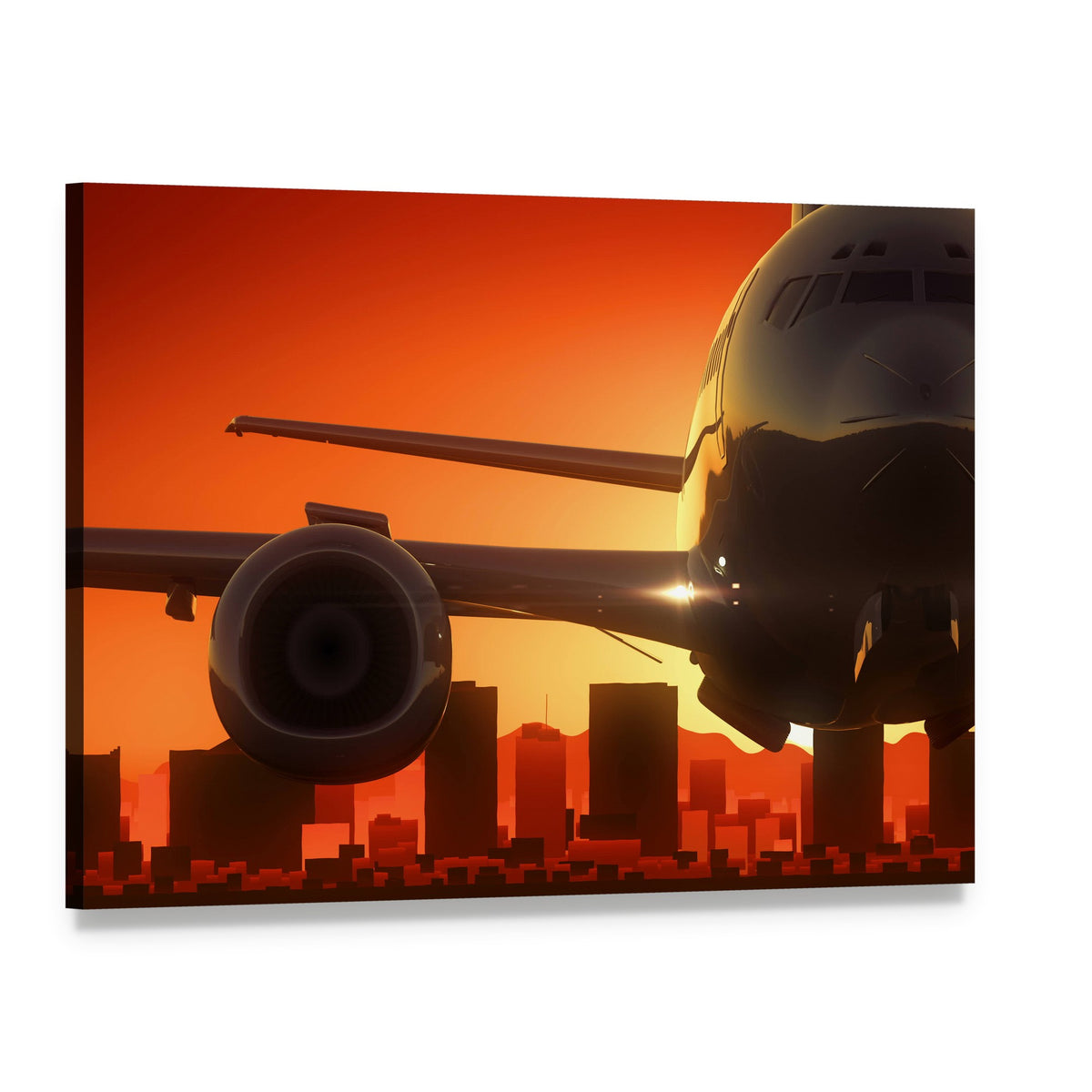 Airplane Engine Over City at Sunset Canvas Wall Art, single panel gallery wrapped canvas, angled product view