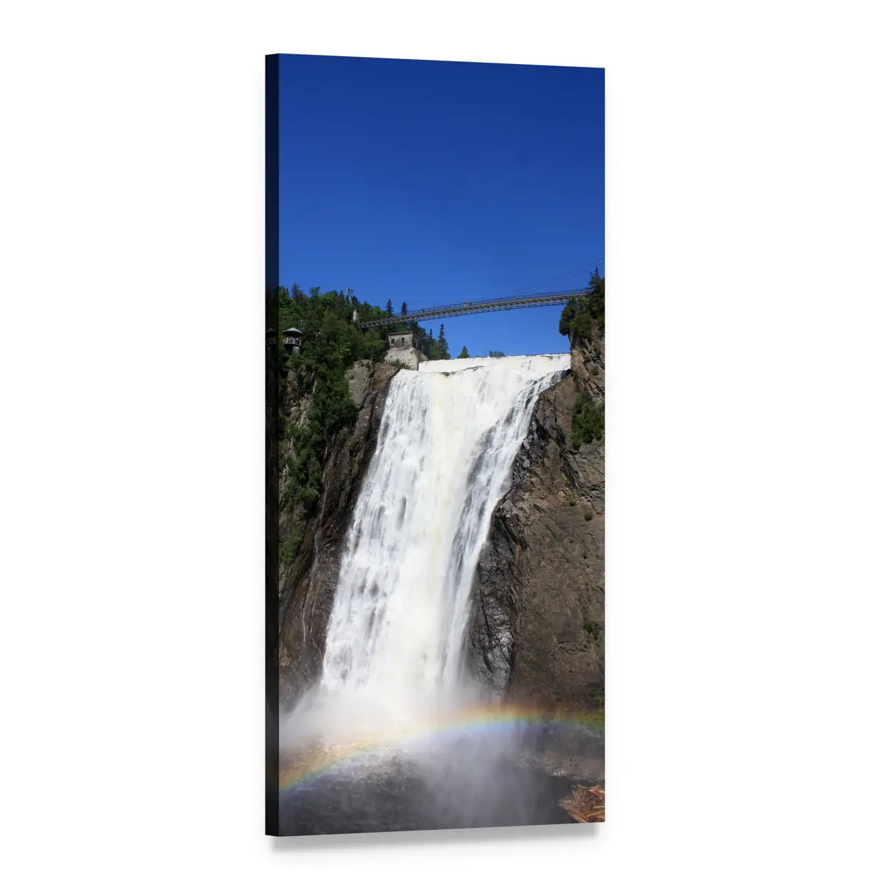 Suspension Bridge Above Rainbow Waterfall Vertical Canvas Wall Art, 1 panel 1 Vertical layout gallery wrapped canvas set, angled product view