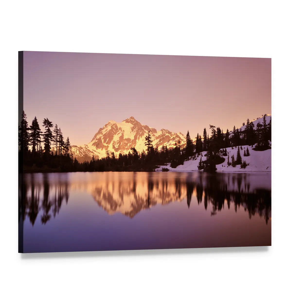Mount Shuksan Lake Reflection at Sunrise Canvas Wall Art, single panel gallery wrapped canvas, angled product view