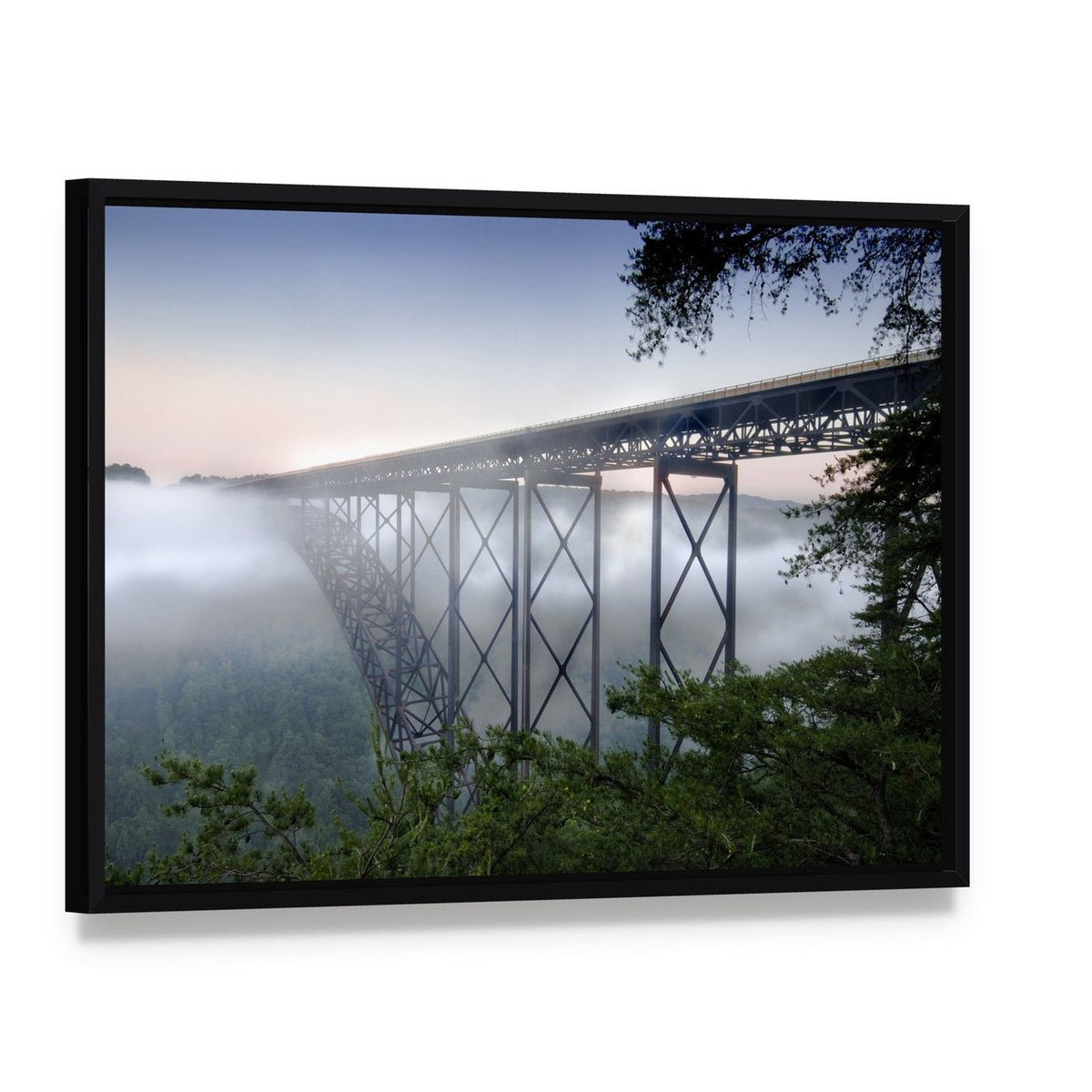 New River Gorge Bridge Canvas Wall Art, framed canvas in a black floater frame, angled product view