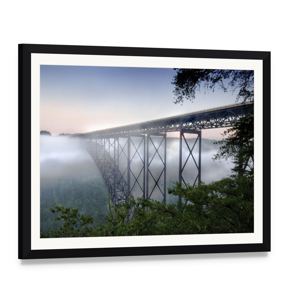 New River Gorge Bridge Canvas Wall Art, framed print with white mat and black frame, angled product view