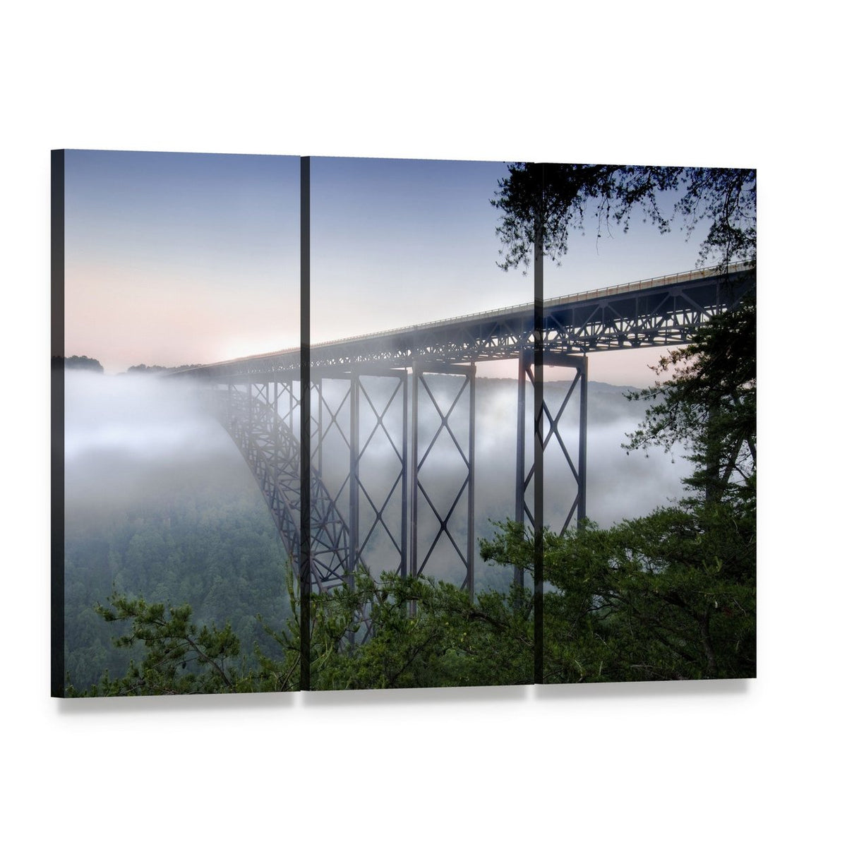 New River Gorge Bridge Canvas Wall Art, 3 panel 3 Horizontal layout gallery wrapped canvas set, angled product view