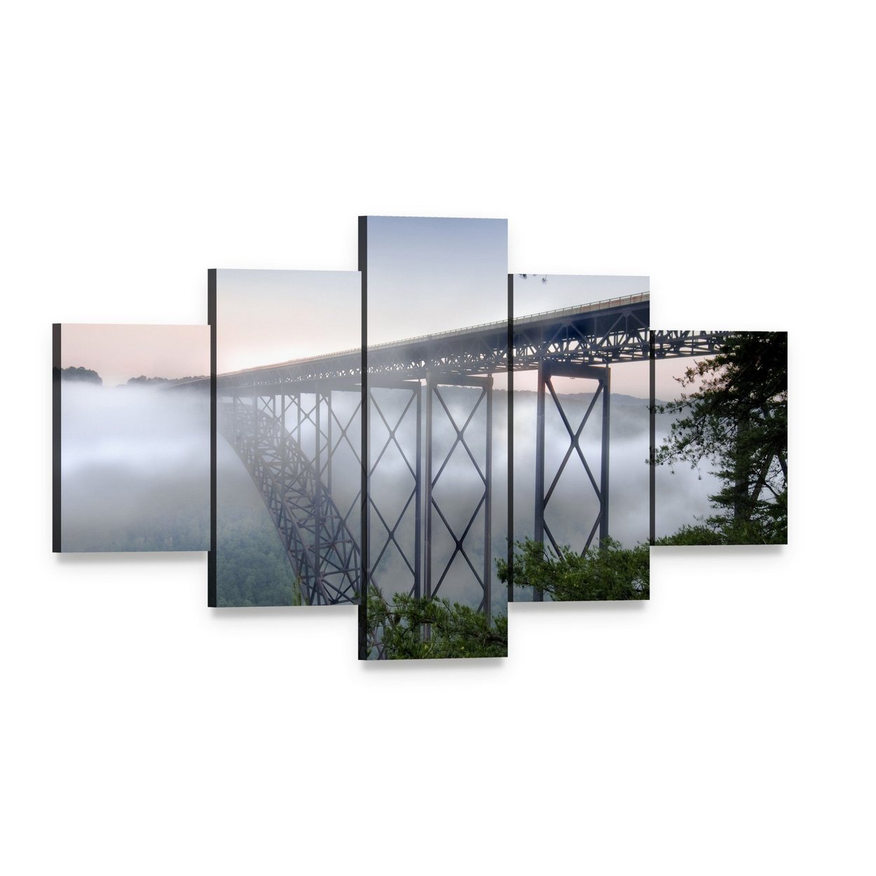 New River Gorge Bridge Canvas Wall Art, 5 panel 5 Star layout gallery wrapped canvas set, angled product view