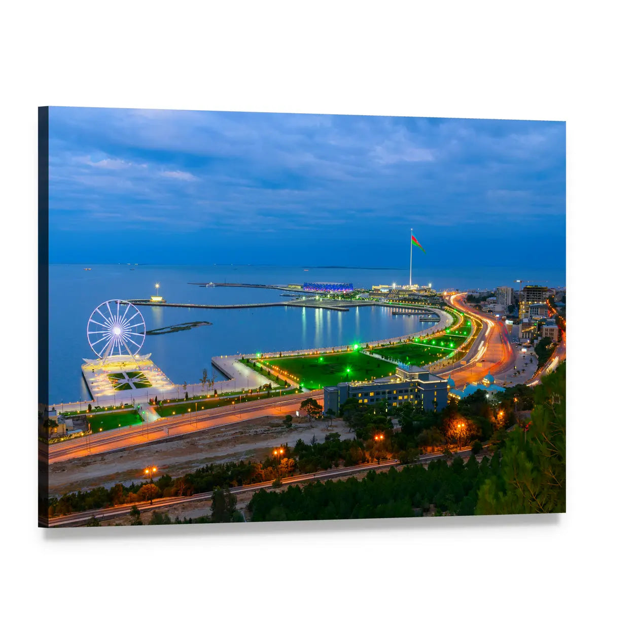 Baku Night Over the Caspian Bay Canvas Wall Art, single panel gallery wrapped canvas, angled product view