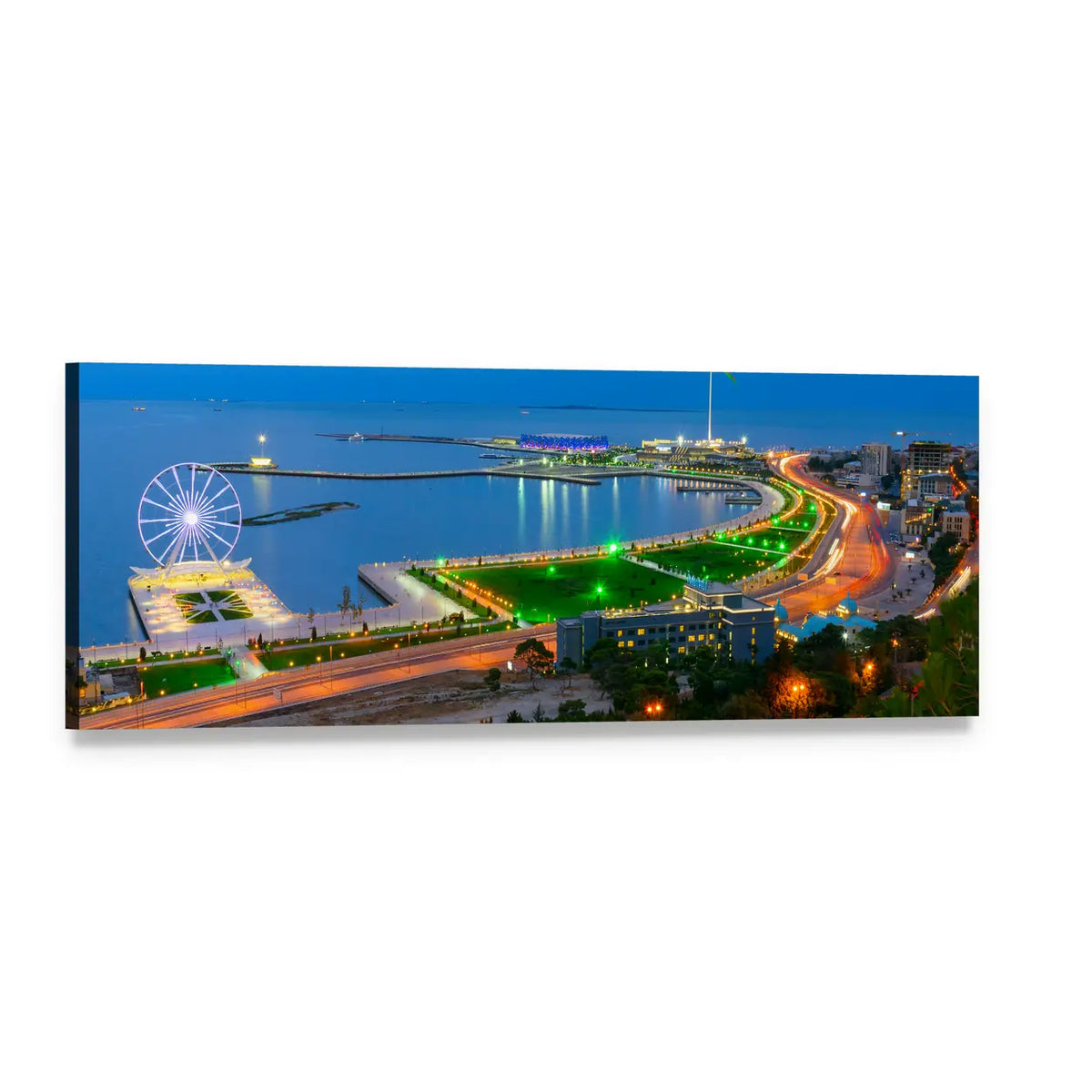 Twilight Coastal City with Ferris Wheel Panoramic Canvas Wall Art, single panel gallery wrapped canvas, angled product view