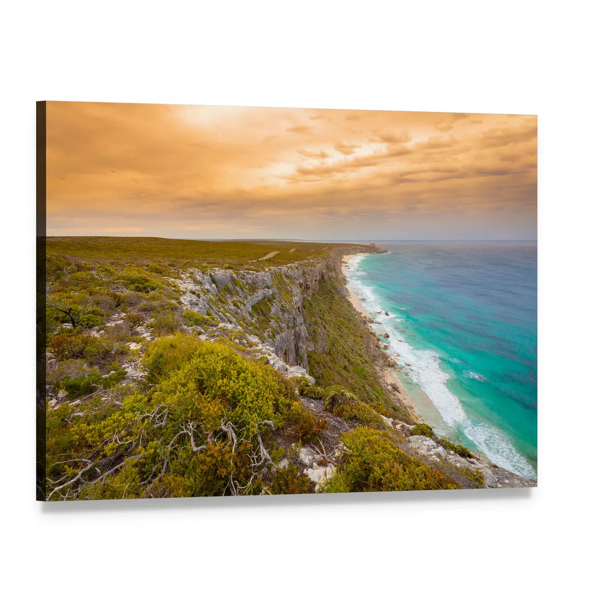 Kangaroo Island Cliffs and Turquoise Sea at Sunset Canvas Wall Art, single panel gallery wrapped canvas, angled product view