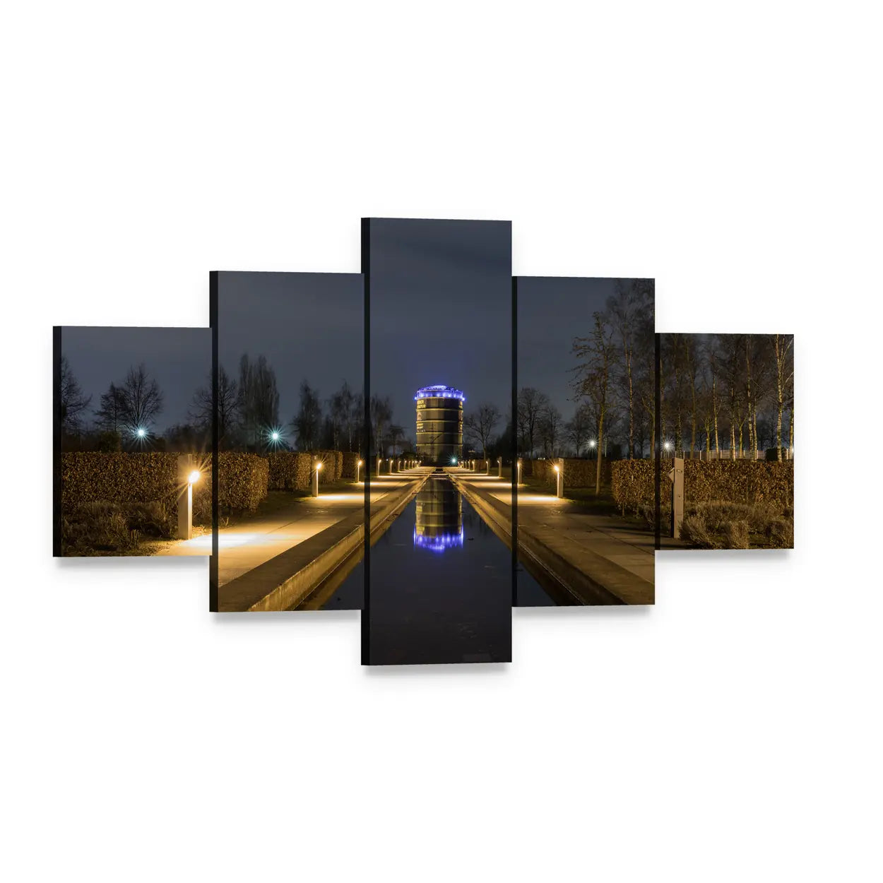 Blue-lit Gasometer with Reflecting Water Canvas Wall Art, 5 panel 5 Star layout gallery wrapped canvas set, angled product view