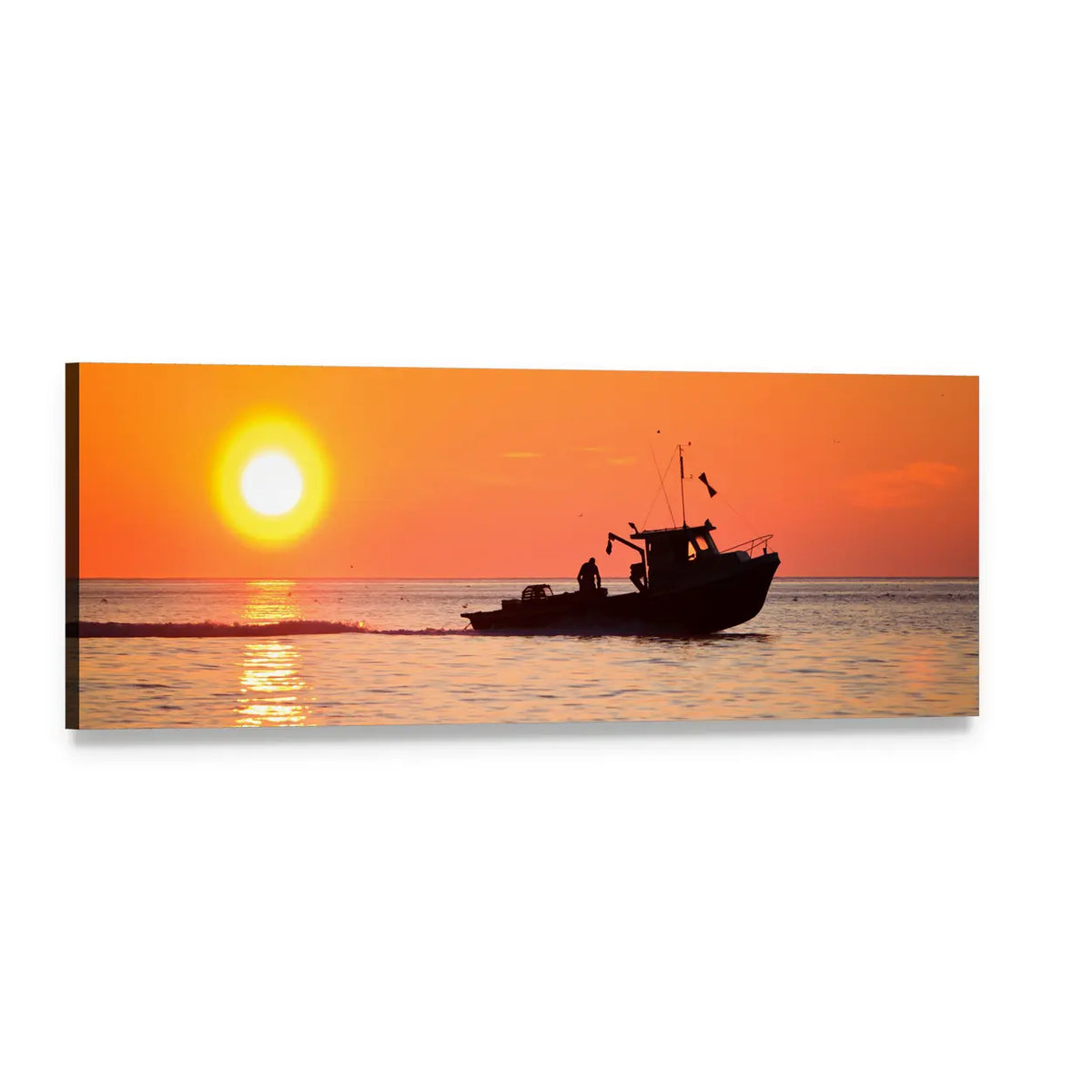Lobster Fishing Boat at Sunset Panoramic Canvas Wall Art, single panel gallery wrapped canvas, angled product view