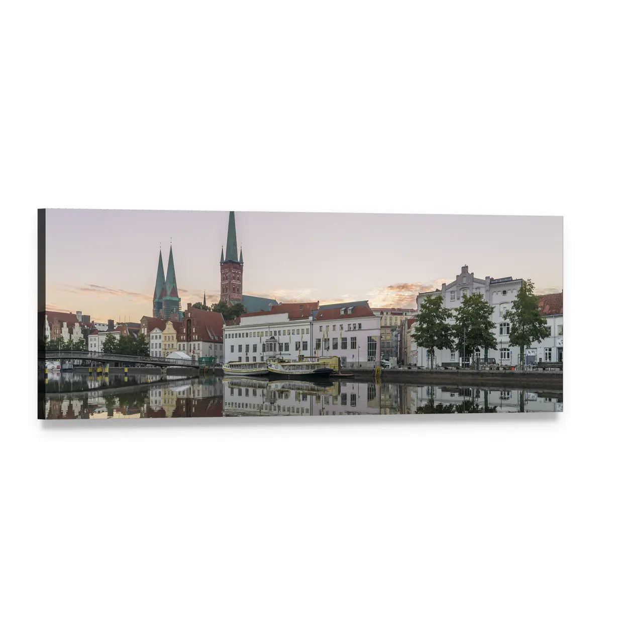 Obertrave in Lubeck River Reflection Panoramic Canvas Wall Art, single panel gallery wrapped canvas, angled product view