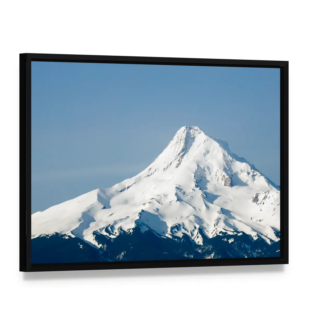 Mount Hood Snow-capped Peak Canvas Wall Art, framed canvas in a black floater frame, angled product view