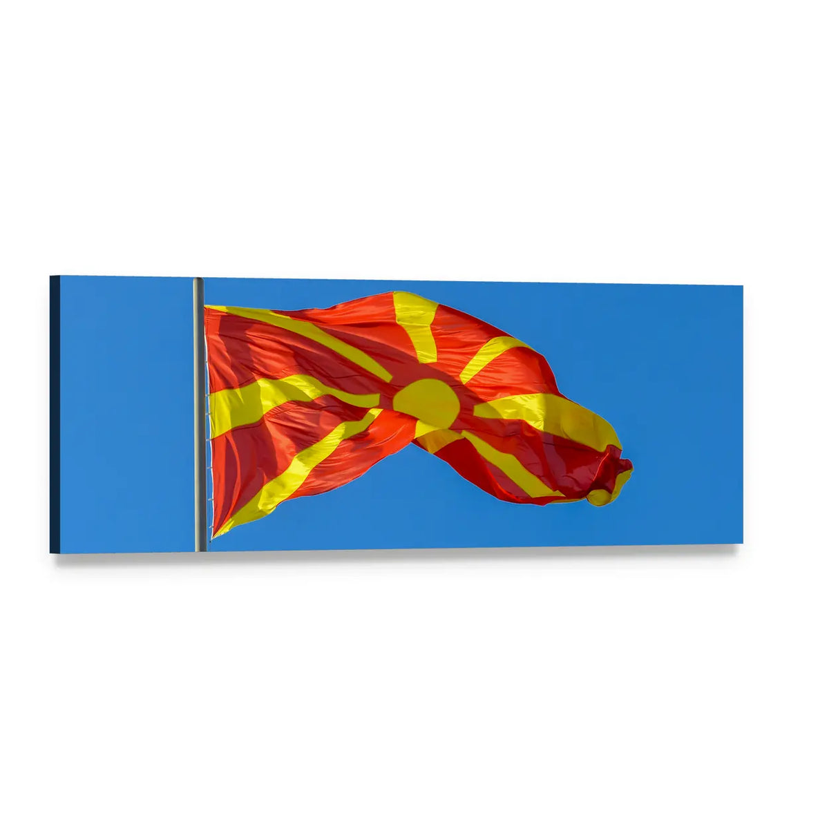 Waving North Macedonian Flag Panoramic Canvas Wall Art, single panel gallery wrapped canvas, angled product view