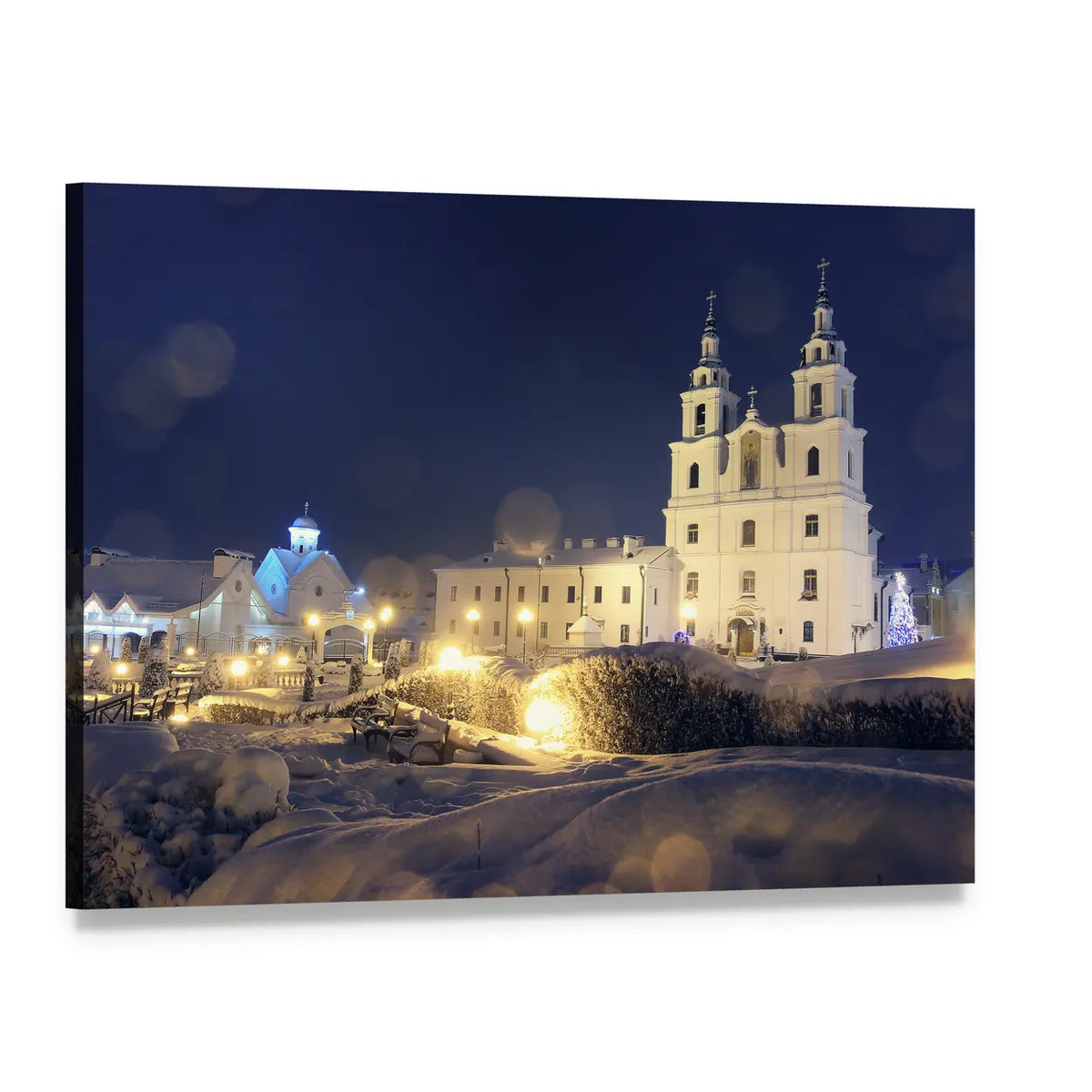 Twin-towered Church on Christmas Night Canvas Wall Art, single panel gallery wrapped canvas, angled product view