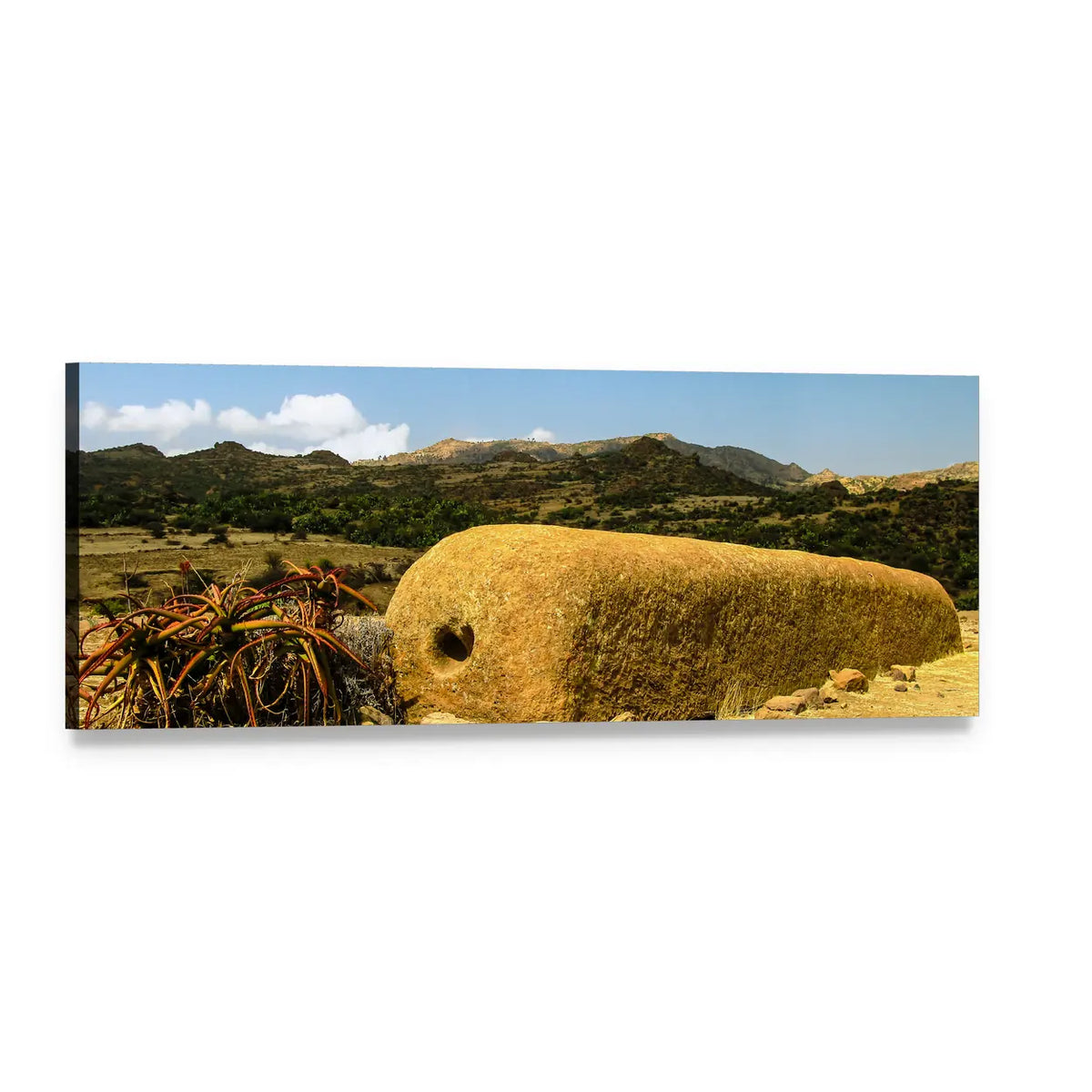 Golden Monolith Over Rolling Hills Panoramic Canvas Wall Art, single panel gallery wrapped canvas, angled product view