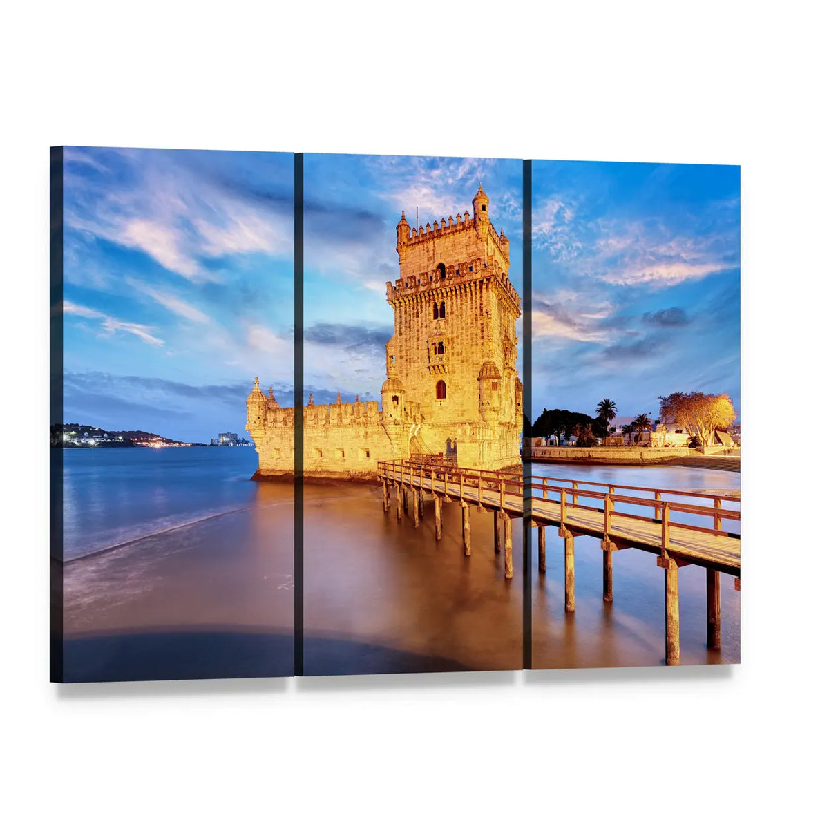 Belem Tower at Twilight Canvas Wall Art, 3 panel 3 Horizontal layout gallery wrapped canvas set, angled product view