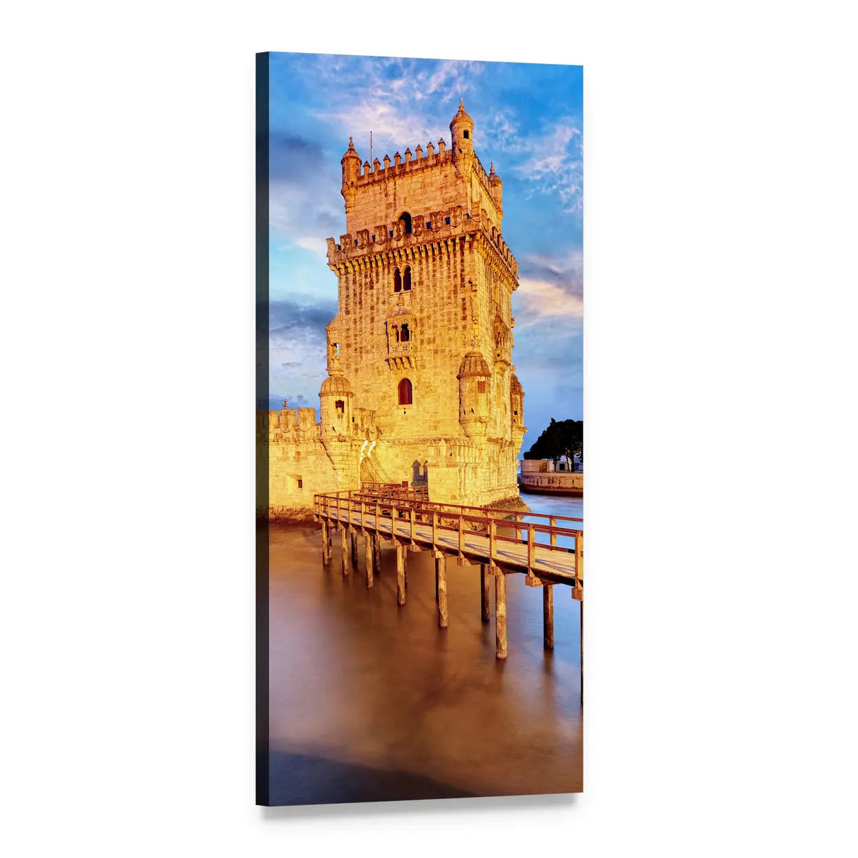 Belém Tower at Golden Hour, Lisbon Vertical Canvas Wall Art, 1 panel 1 Vertical layout gallery wrapped canvas set, angled product view