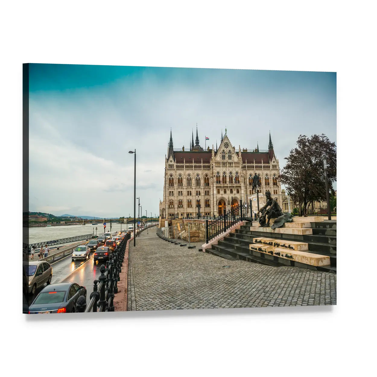 Hungarian Parliament Riverfront Canvas Wall Art, single panel gallery wrapped canvas, angled product view
