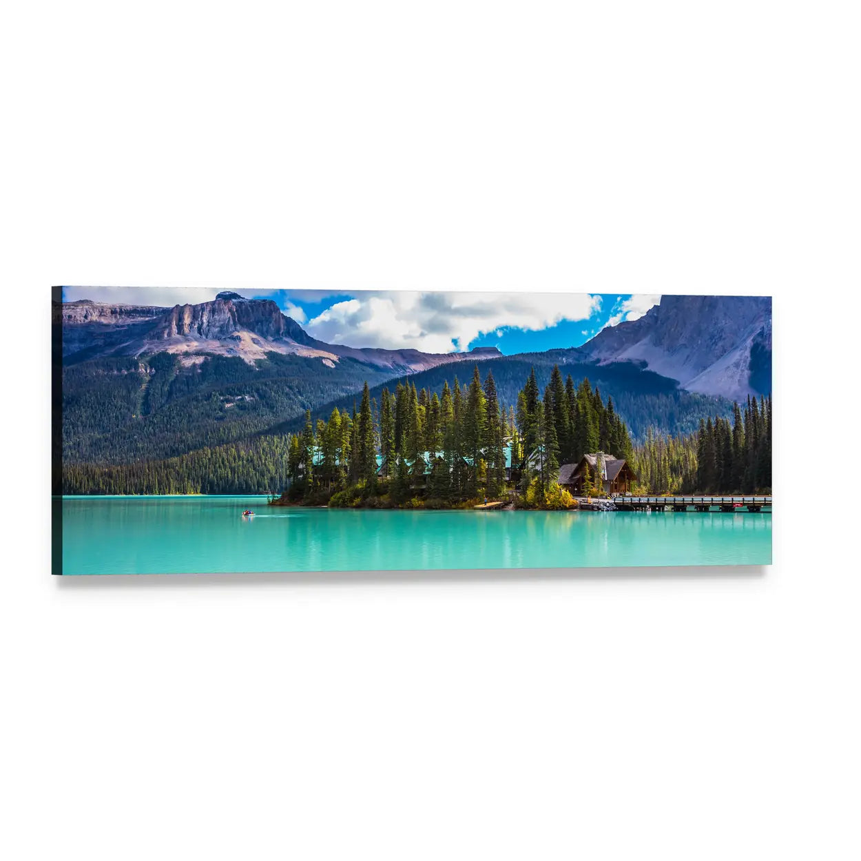 Magic Emerald Lake Panoramic Canvas Wall Art, single panel gallery wrapped canvas, angled product view