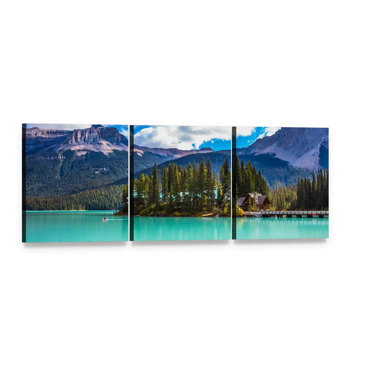 Magic Emerald Lake Panoramic Canvas Wall Art, 3 panel 3 Piece layout gallery wrapped canvas set, angled product view