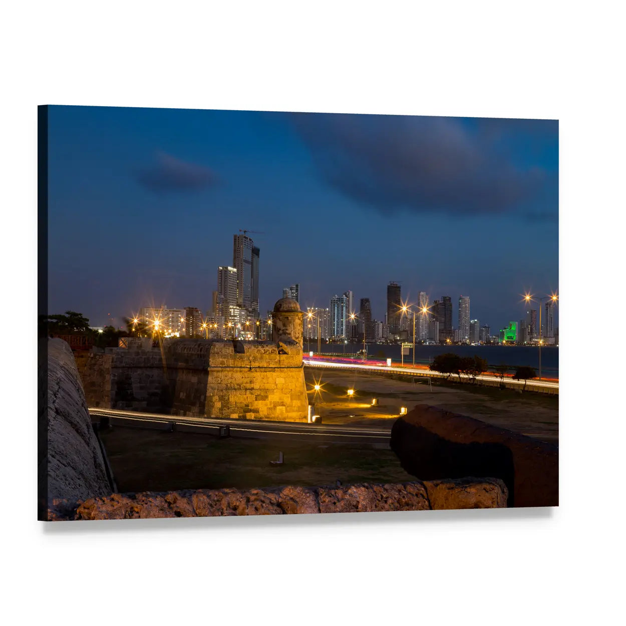 Cartagena Colonial at Night Canvas Wall Art, single panel gallery wrapped canvas, angled product view