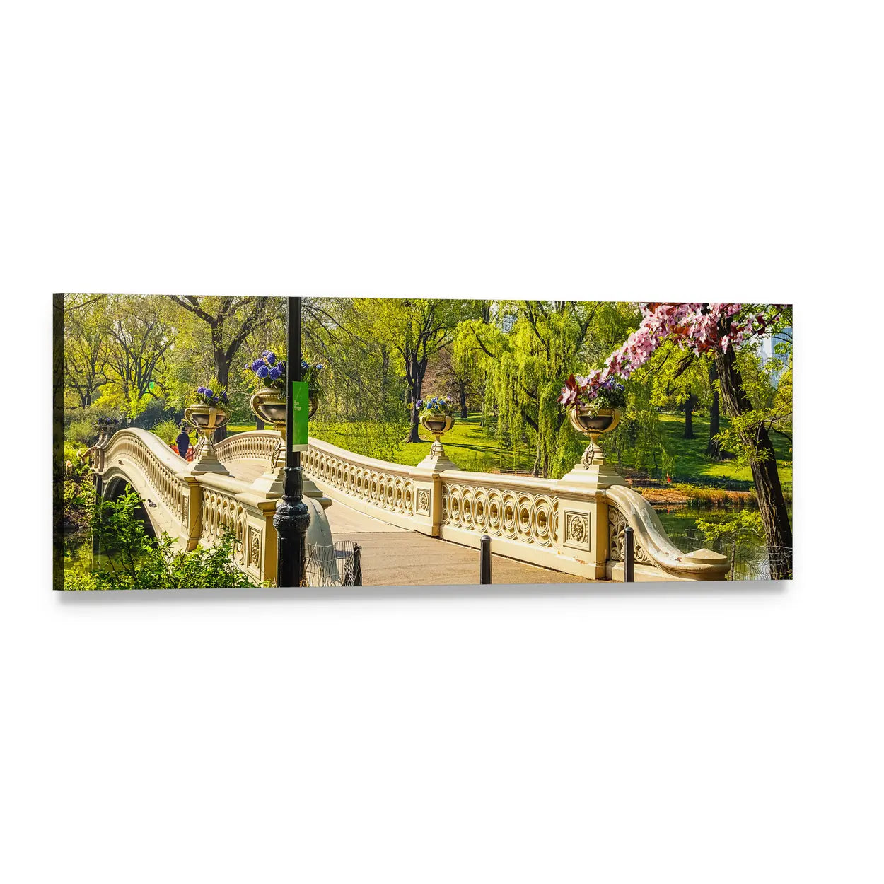 Bow Bridge with Cherry Blossoms Panoramic Canvas Wall Art, single panel gallery wrapped canvas, angled product view