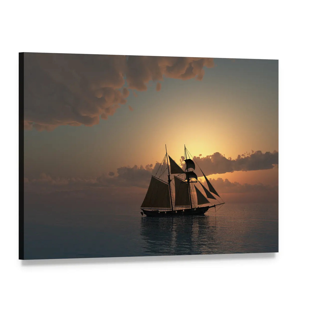 Schooner at Sunset on the Sea Canvas Wall Art, single panel gallery wrapped canvas, angled product view