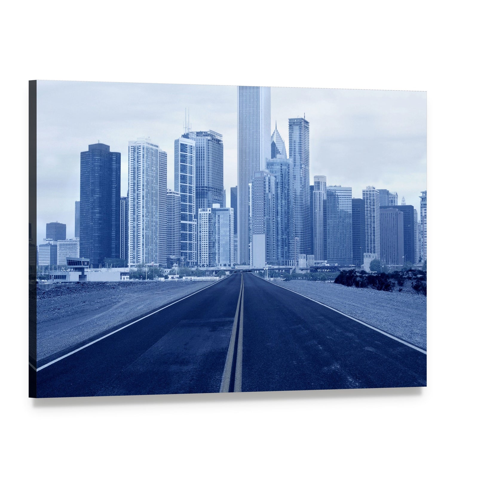 Road Approaching City Skyscrapers Canvas Wall Art, single panel gallery wrapped canvas, angled product view